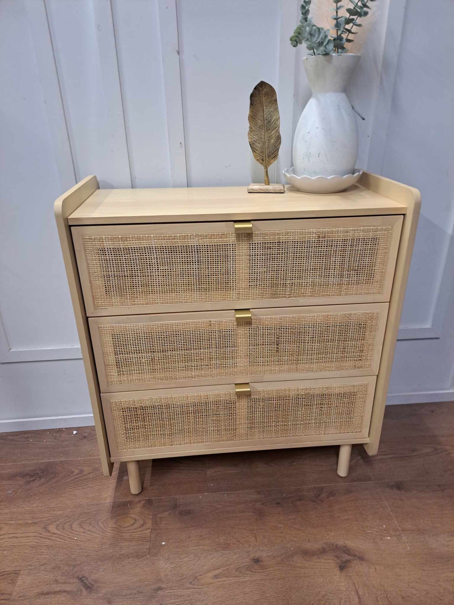Chest of 3 Drawers Oak and Rattan