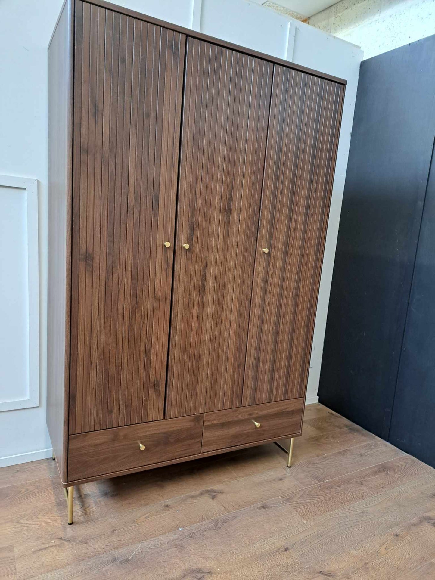 Walnut and Gold Triple Wardrobe / Slatted Ridged Door and Brass