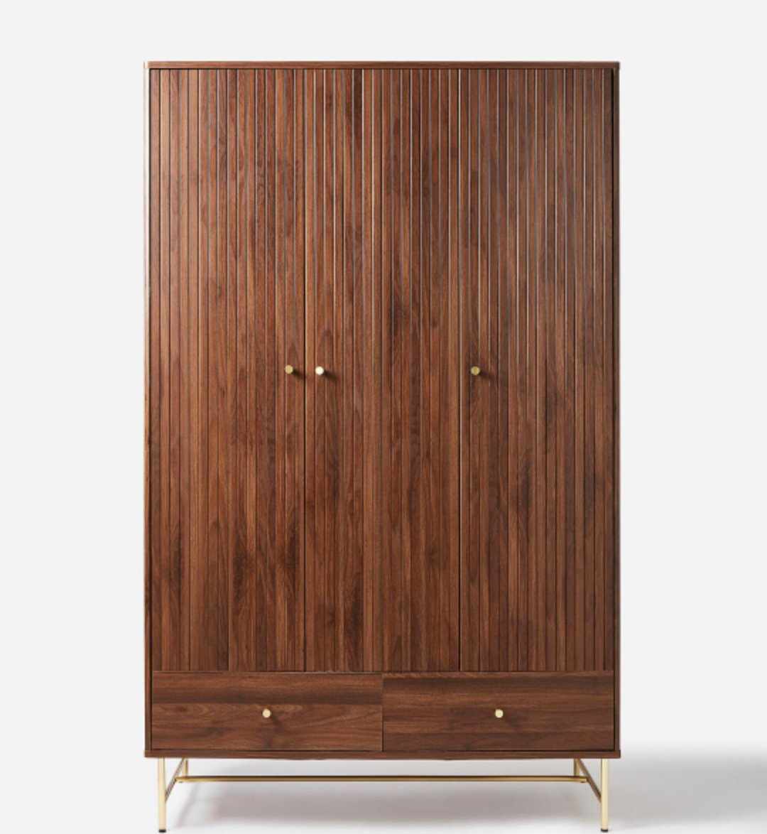 Walnut and Gold Triple Wardrobe / Slatted Ridged Door and Brass
