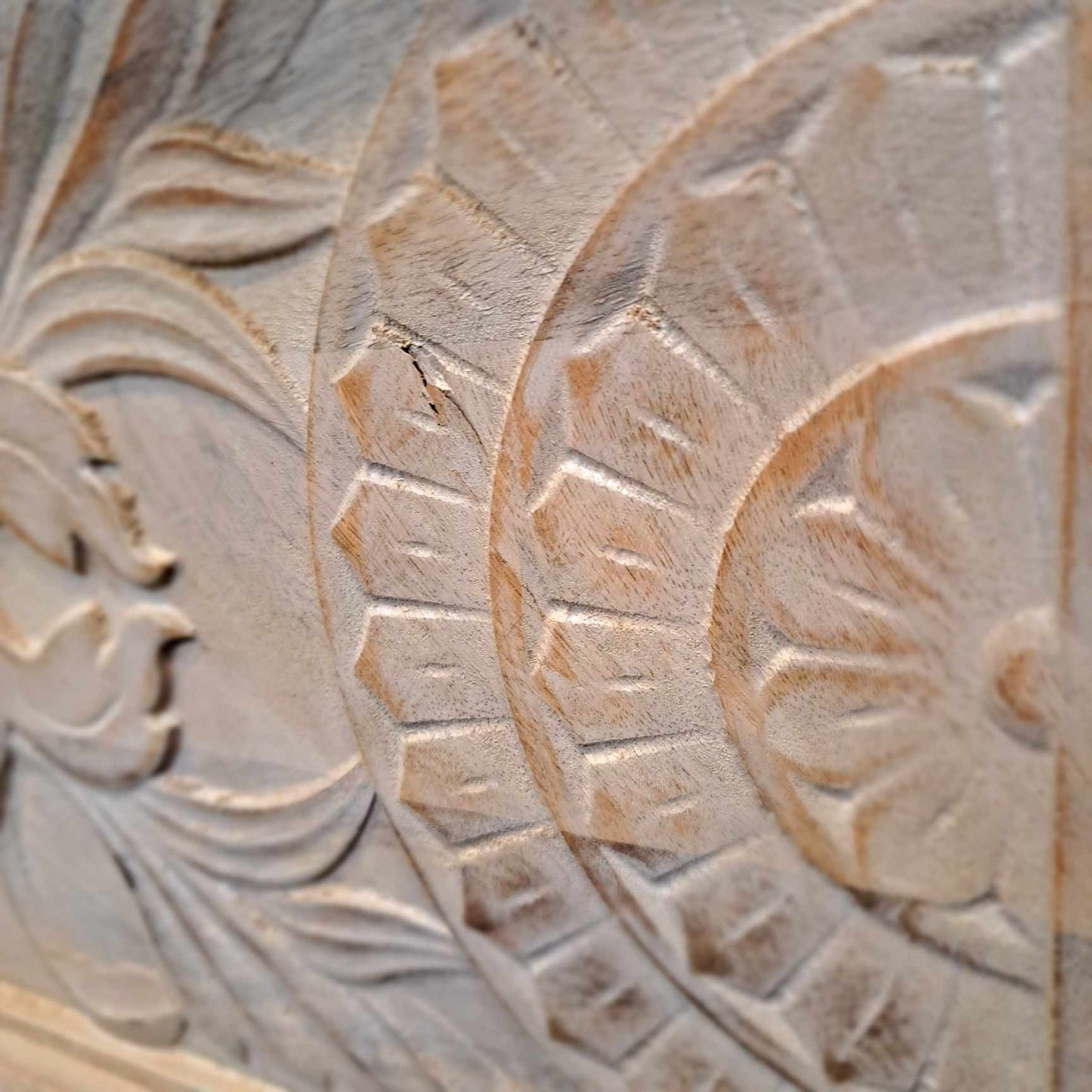Solid Wood Carved Storage Chest / Washed White Acadia Wood Bench