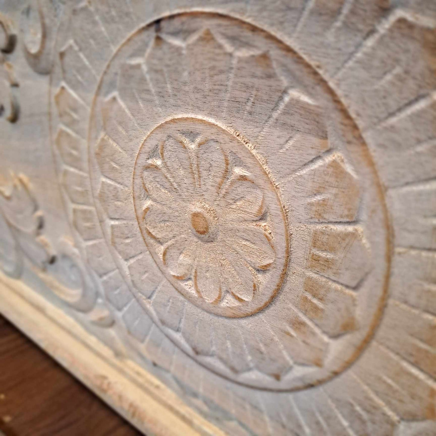 Solid Wood Carved Storage Chest / Washed White Acadia Wood Bench