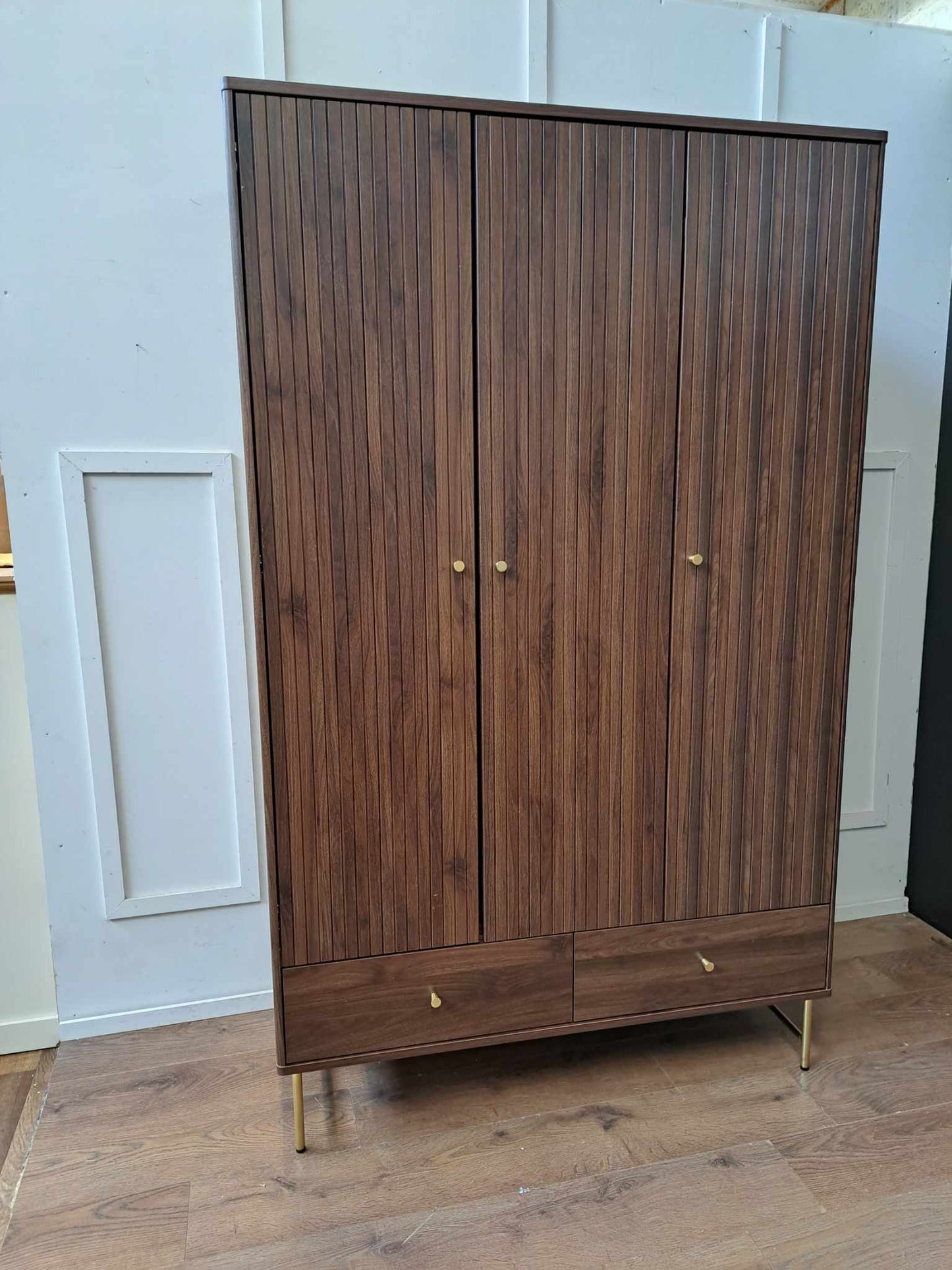 Walnut and Gold Triple Wardrobe / Slatted Ridged Door and Brass