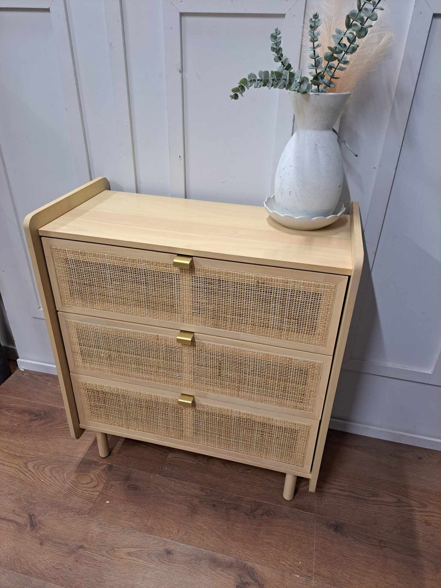 Chest of 3 Drawers Oak and Rattan