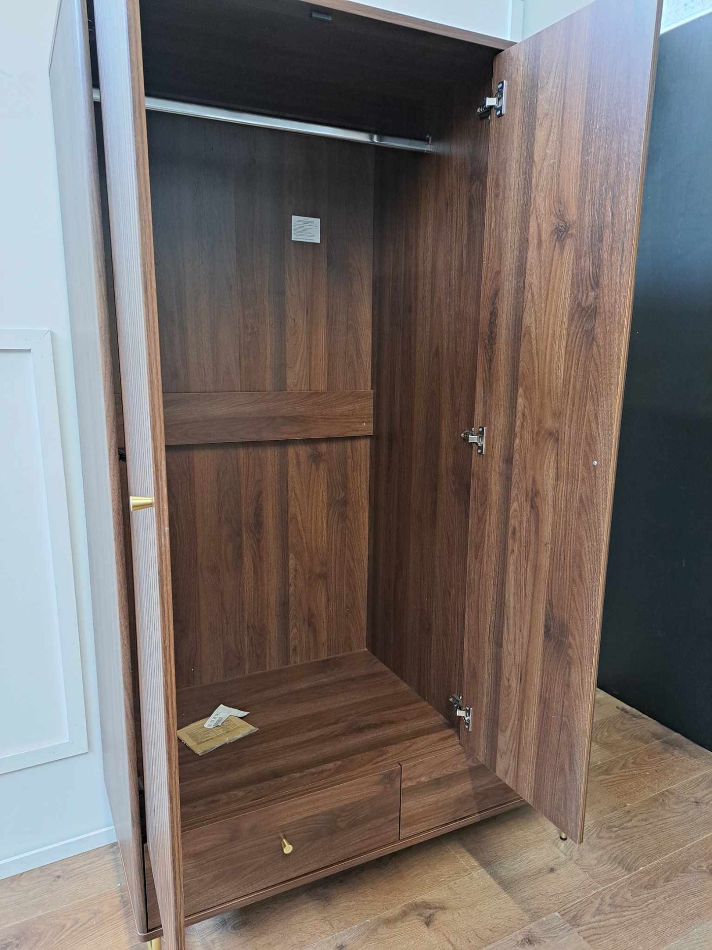 Walnut and Gold Triple Wardrobe / Slatted Ridged Door and Brass