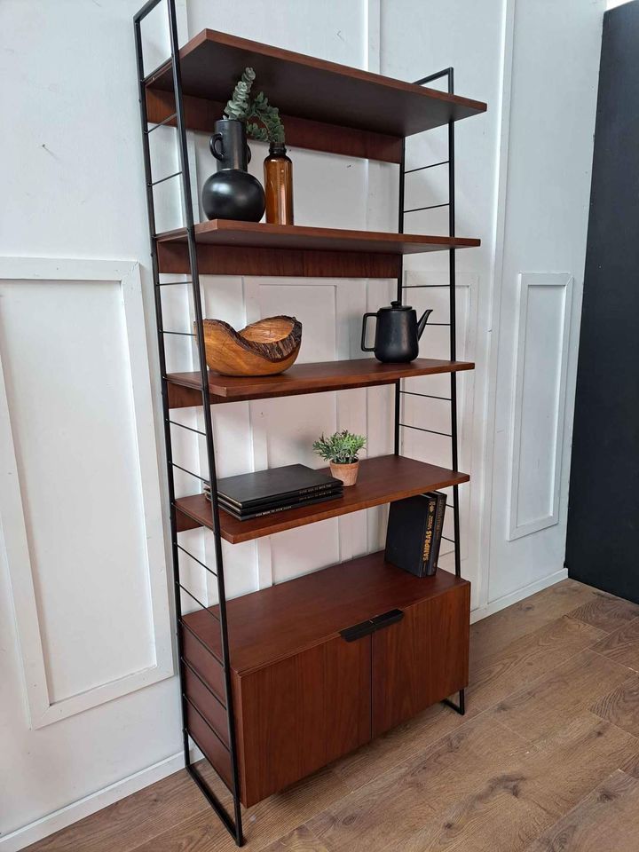 Walnut and Metal Shelving unit with doors and shelves | Vintage Bookcase