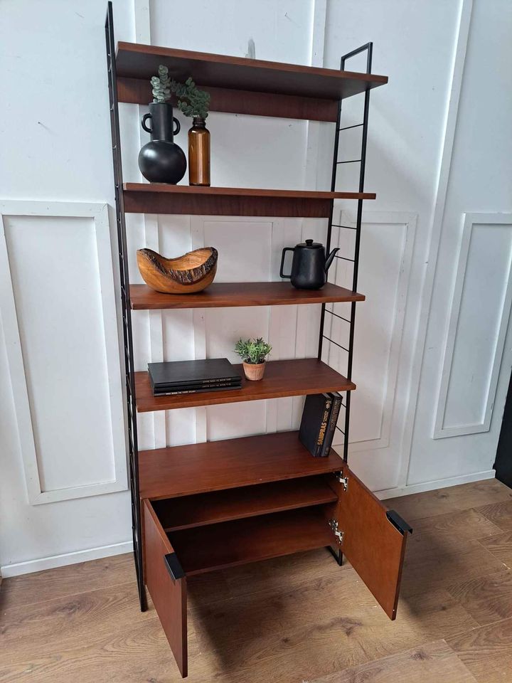 Walnut and Metal Shelving unit with doors and shelves | Vintage Bookcase