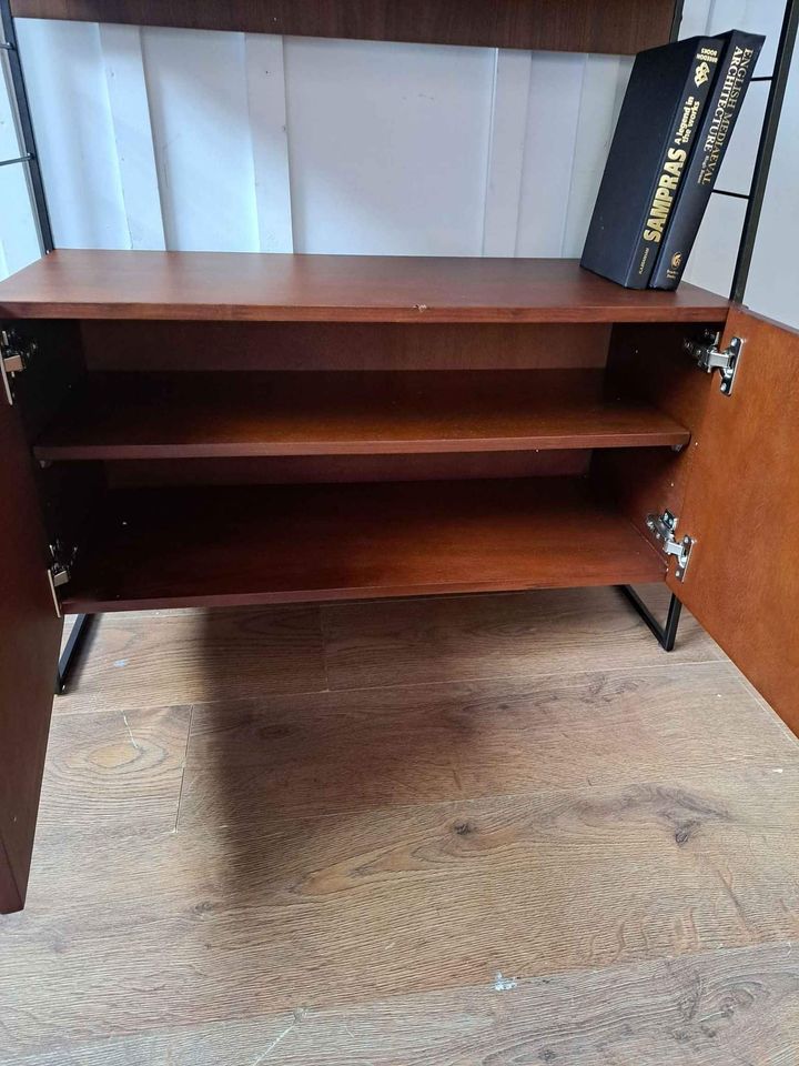 Walnut and Metal Shelving unit with doors and shelves | Vintage Bookcase