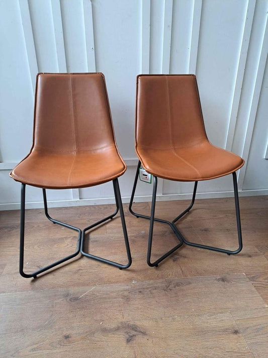 Set of 2 Dining Chairs  /  Brown Faux Leather and Black Metal