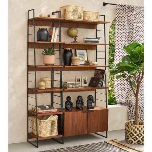 Walnut and Metal Shelving unit with doors and shelves | Vintage Bookcase
