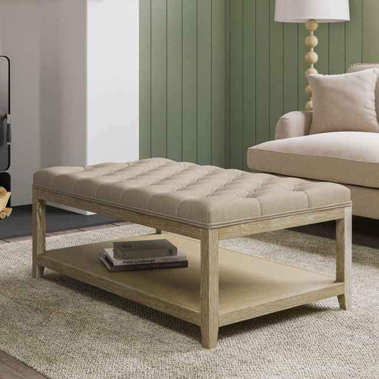 Beige Upholstered Buttoned Coffee Table With Storage bench footrest footstool