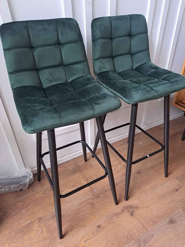 Green Velvet bar stool black metal frame legs