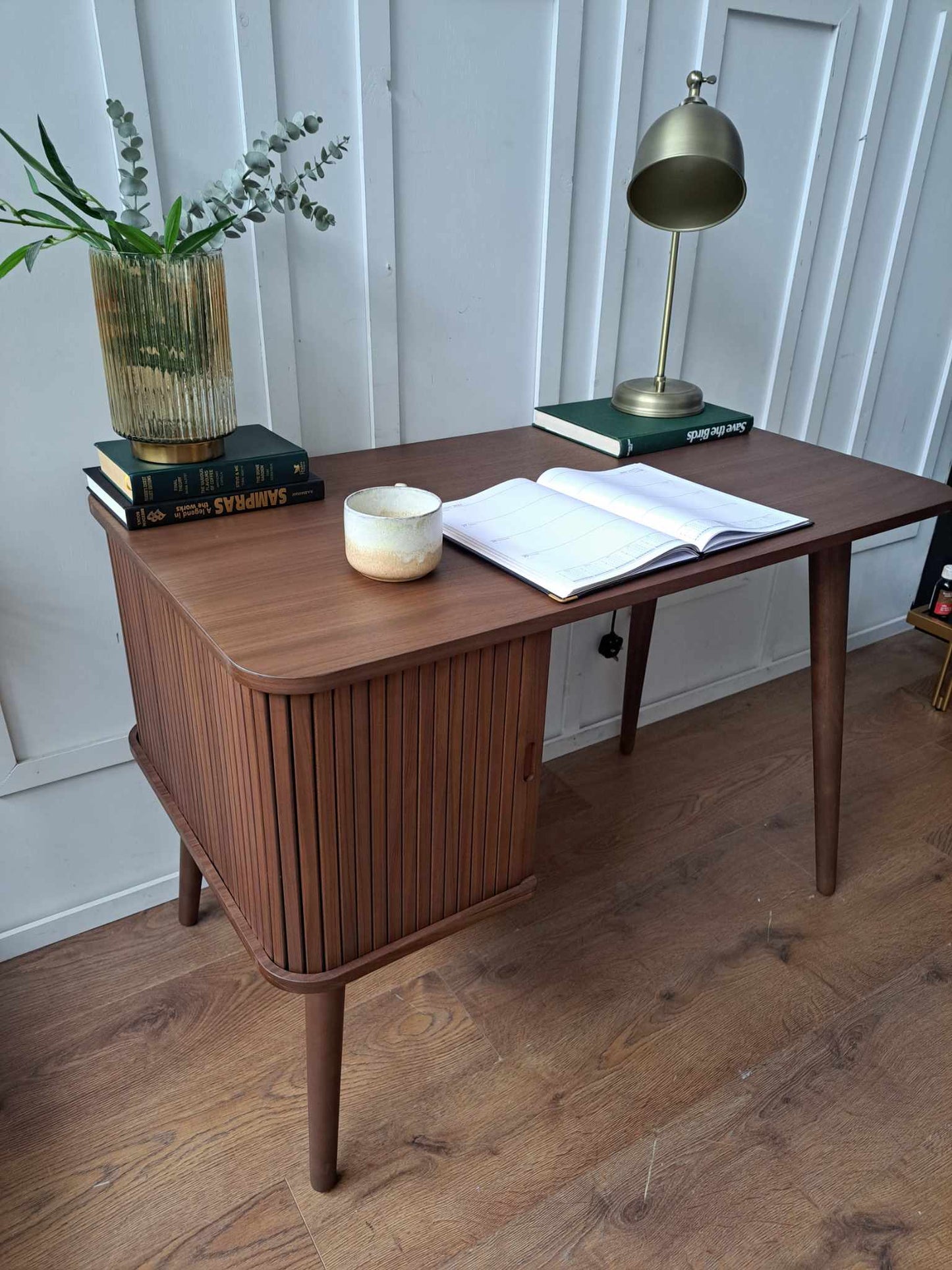 Walnut Desk with Slatted Sliding Door Storage / John Lewis Grayson Desk