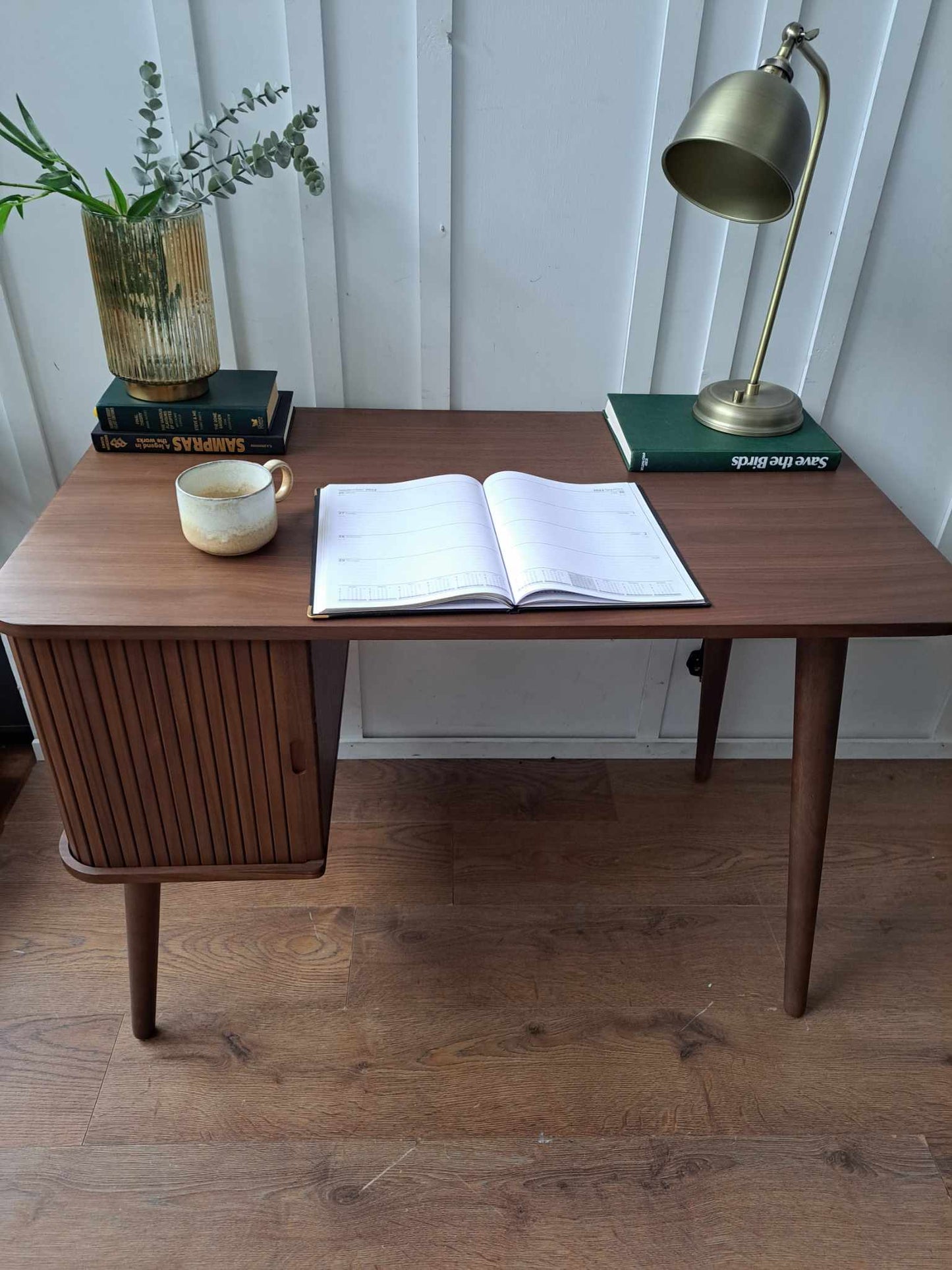 Walnut Desk with Slatted Sliding Door Storage / John Lewis Grayson Desk