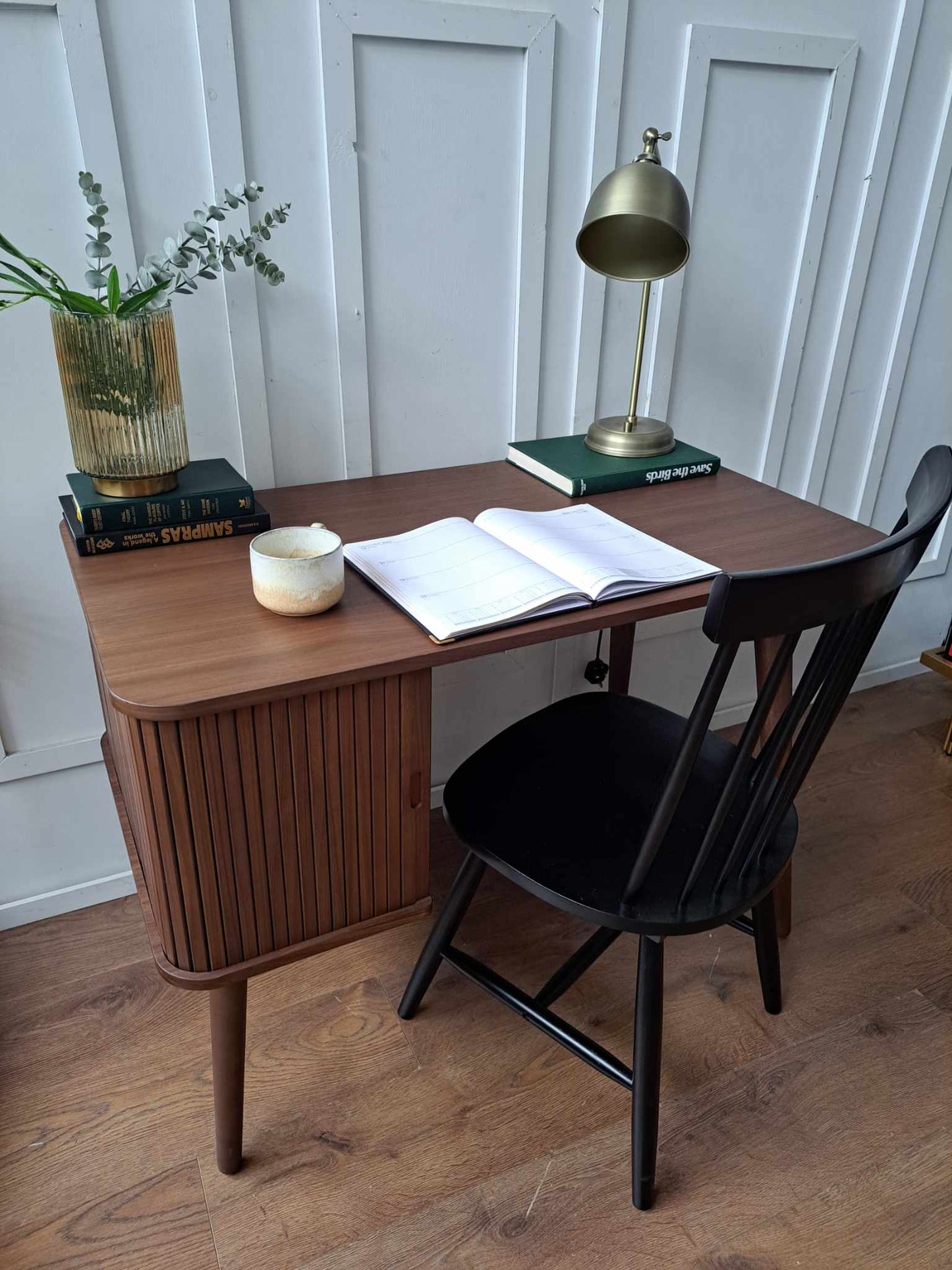 Walnut Desk with Slatted Sliding Door Storage / John Lewis Grayson Desk
