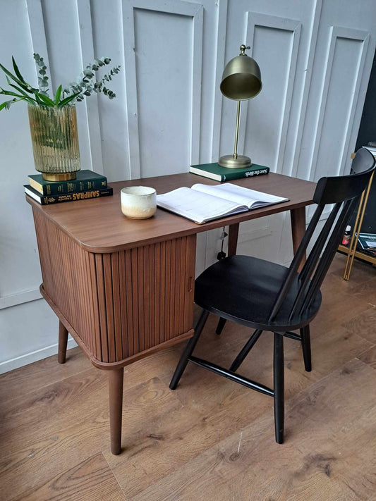Walnut Desk with Slatted Sliding Door Storage  / Grayson Desk
