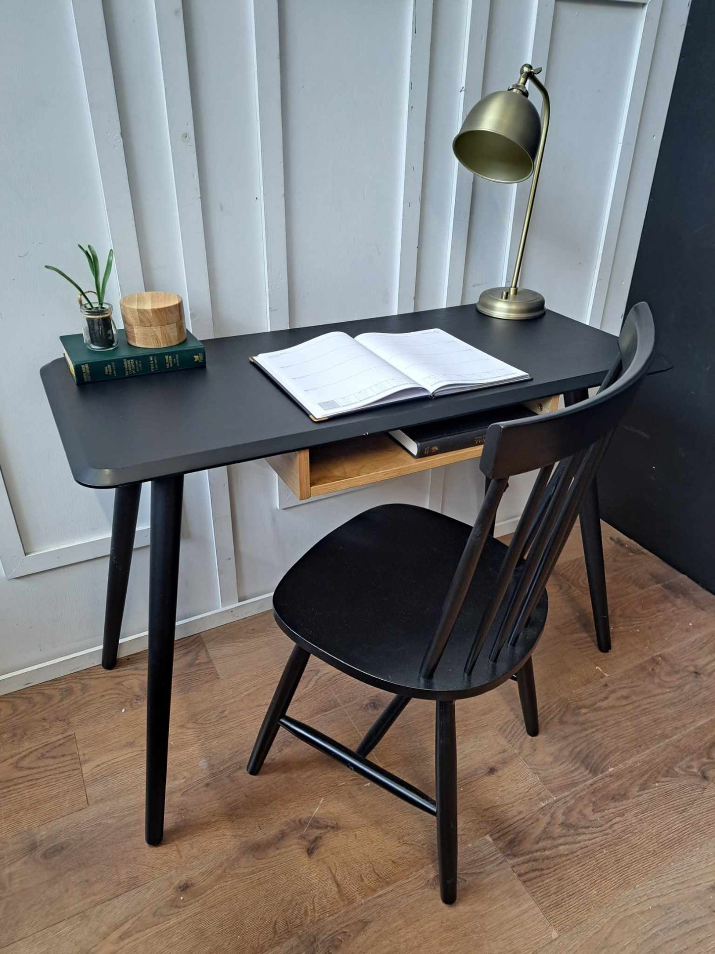 Mid Century Style Black and Oak Writing Desk with Storage