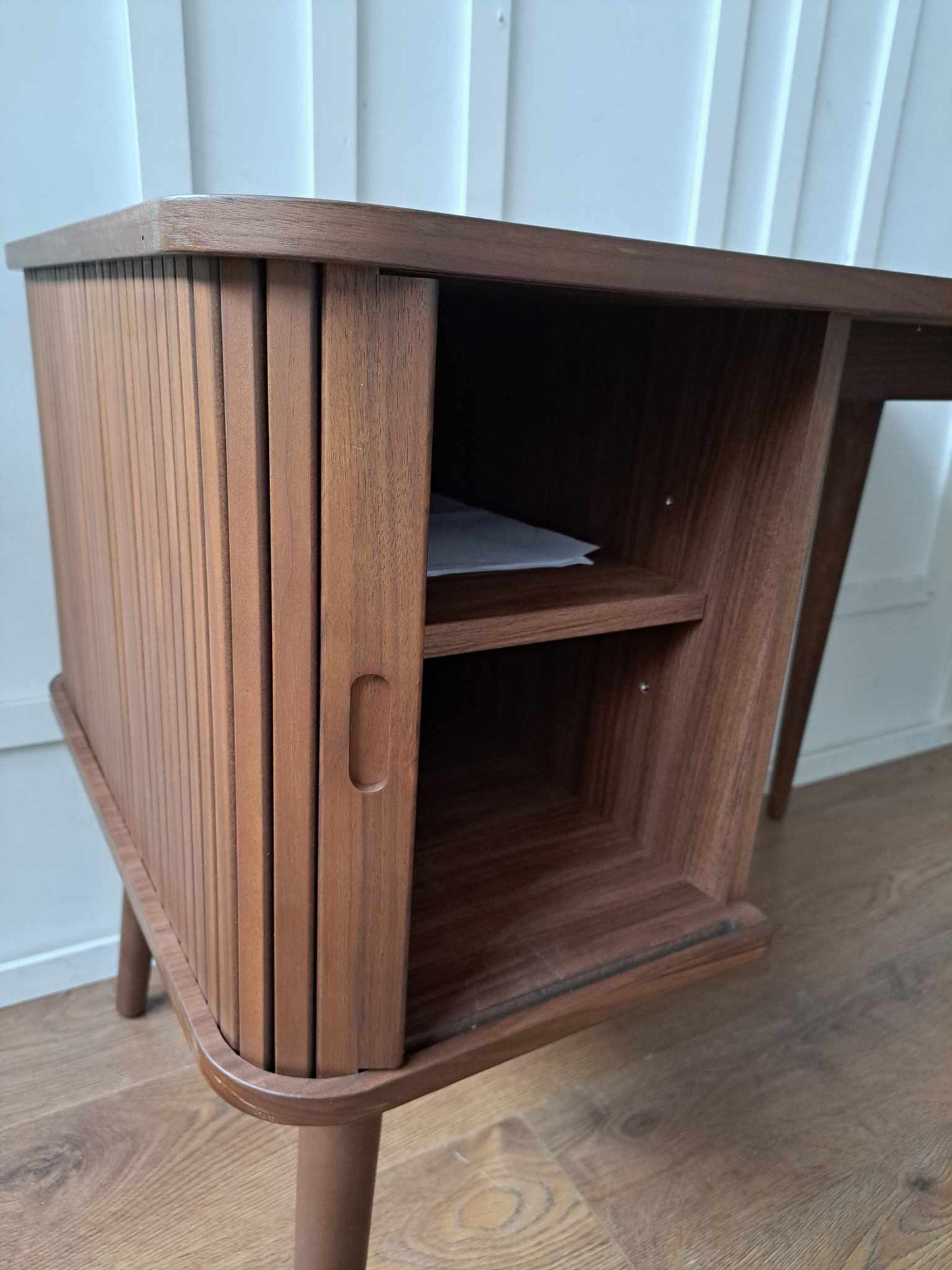 Walnut Desk with Slatted Sliding Door Storage / John Lewis Grayson Desk
