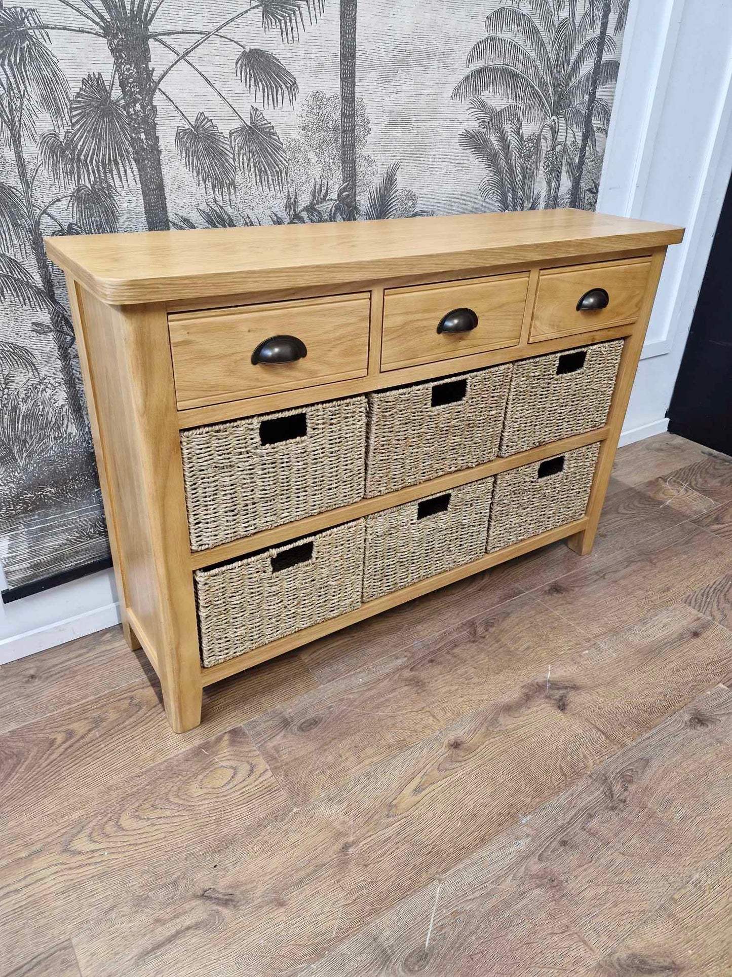 Oak Sideboard with drawers and wicker baskets