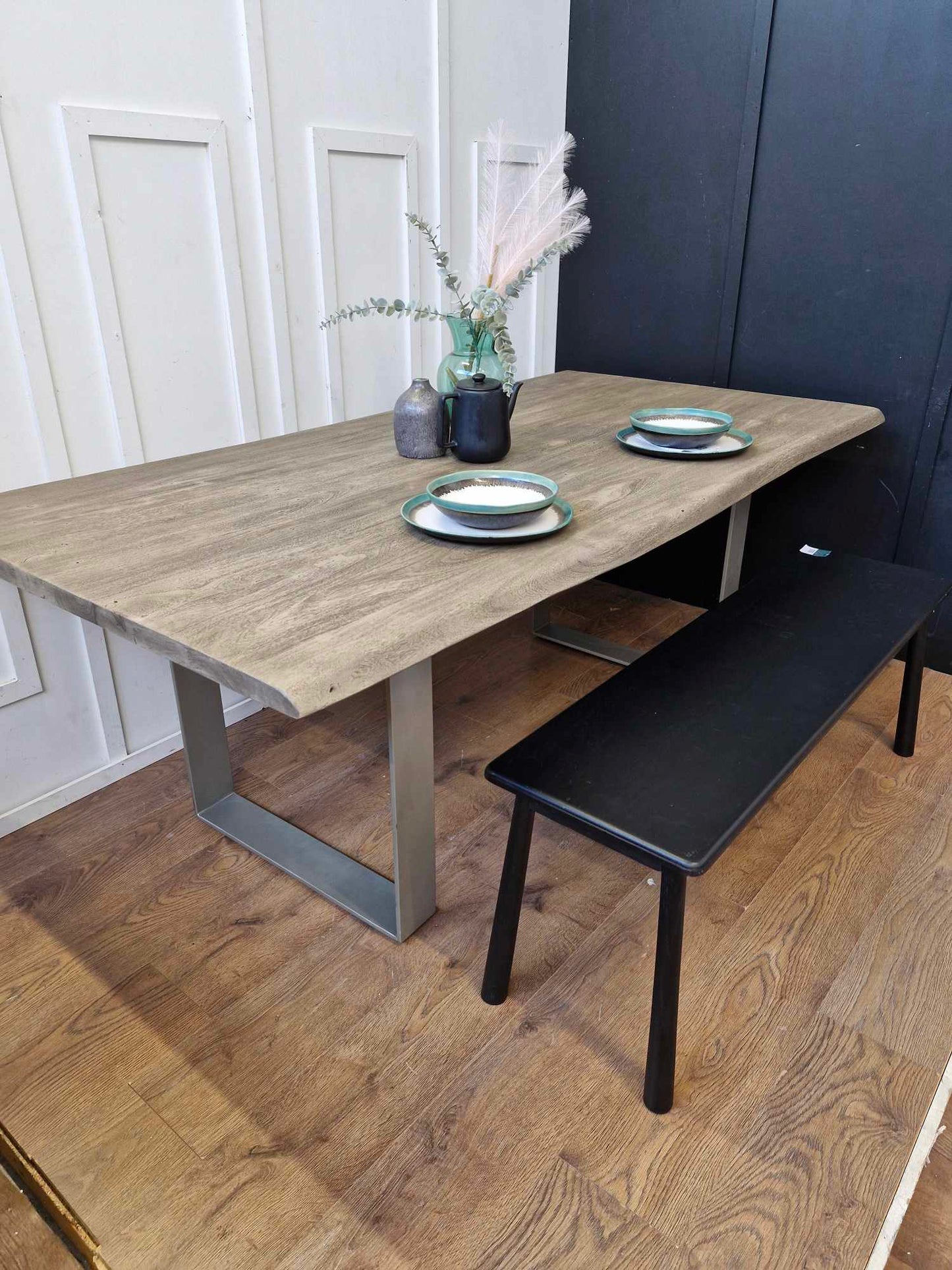 Grey Washed Solid Wood and Silver Dining Table / NEXT Maryland 6 Seater RRP £885