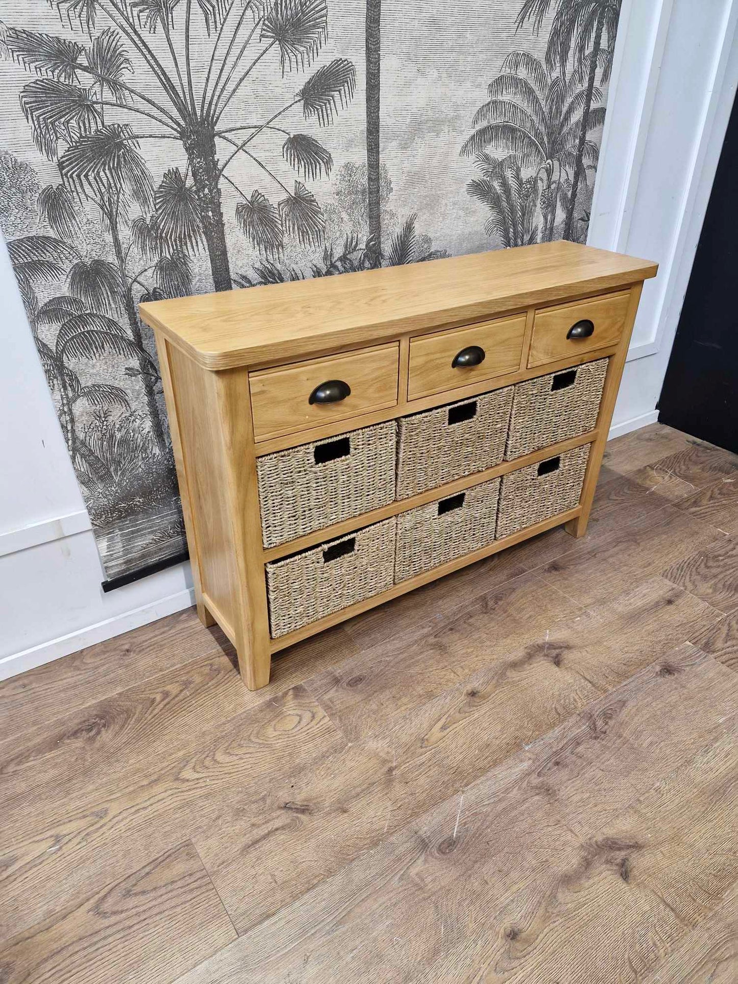 Oak Sideboard with drawers and wicker baskets
