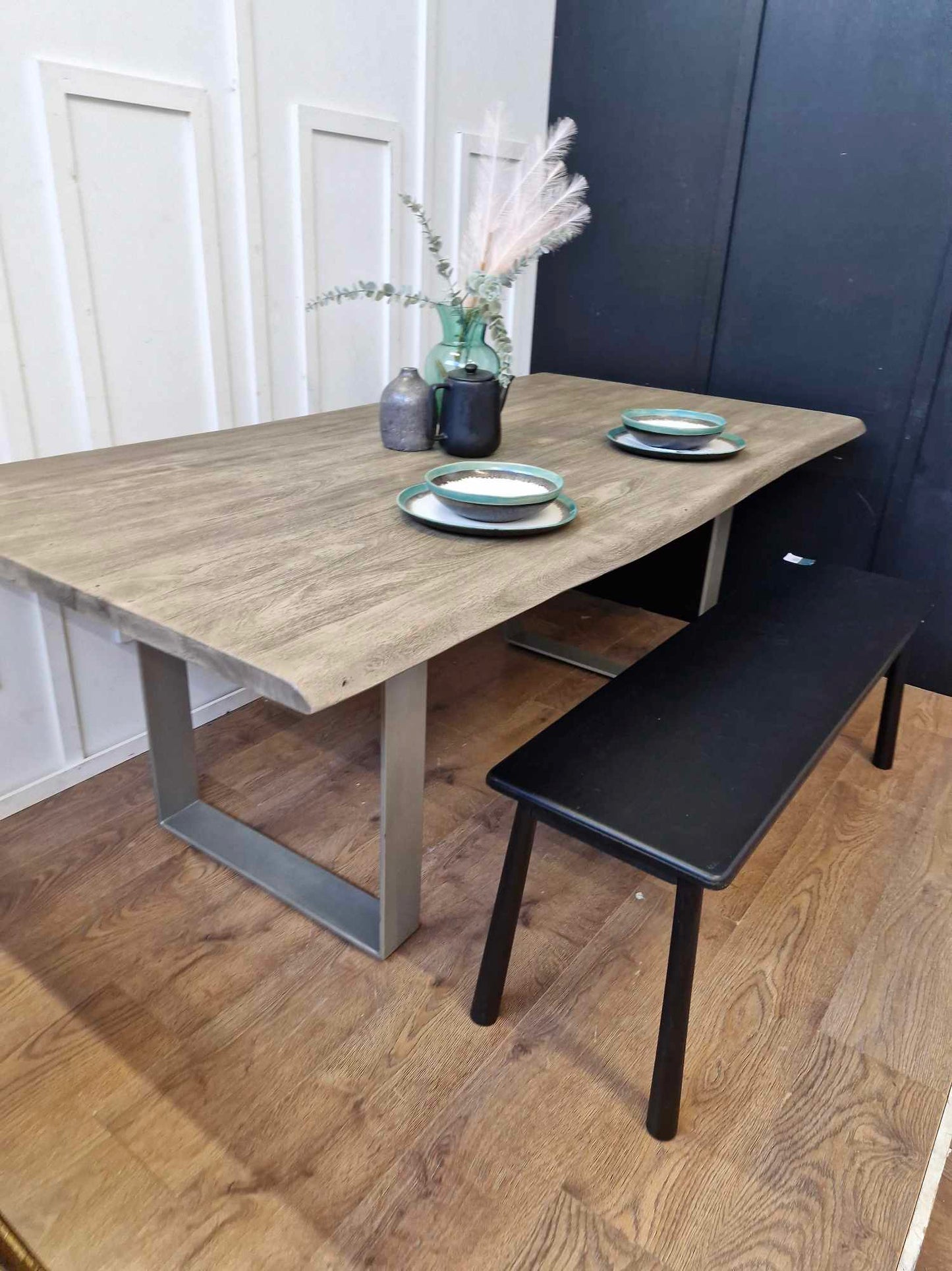 Grey Washed Solid Wood and Silver Dining Table / NEXT Maryland 6 Seater RRP £885