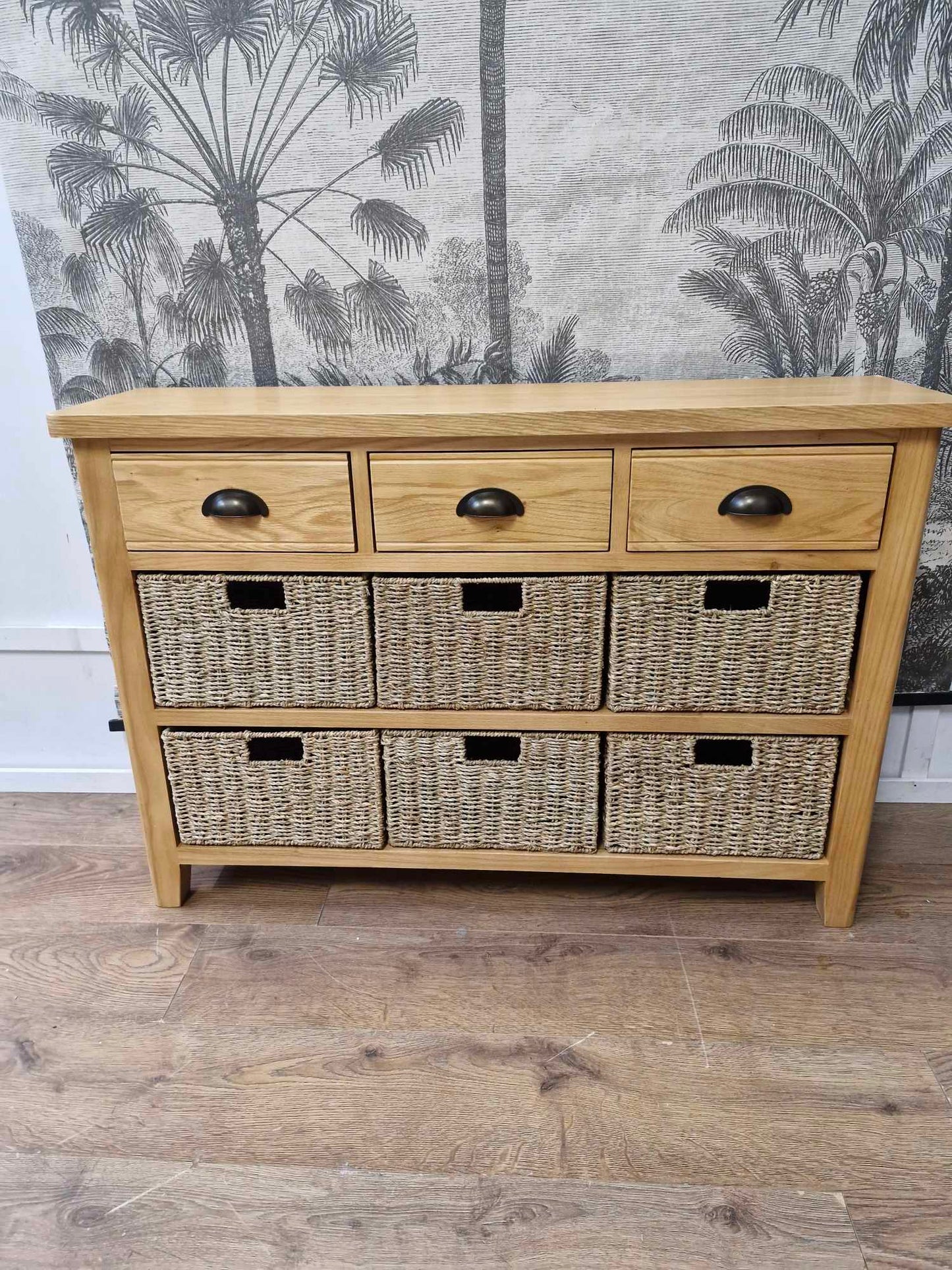 Oak Sideboard with drawers and wicker baskets