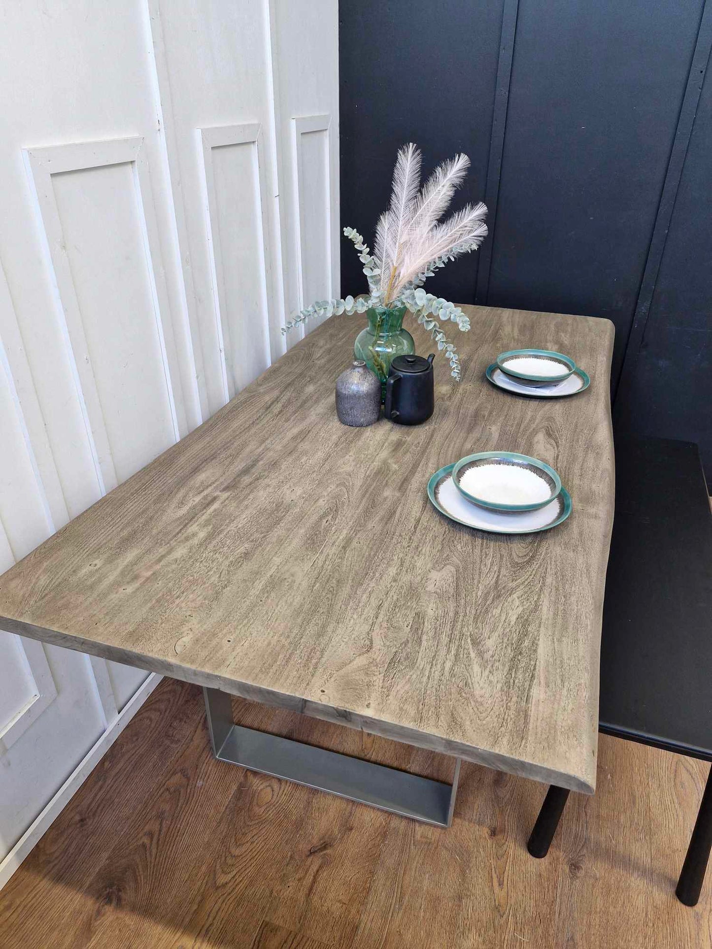 Grey Washed Solid Wood and Silver Dining Table / NEXT Maryland 6 Seater RRP £885