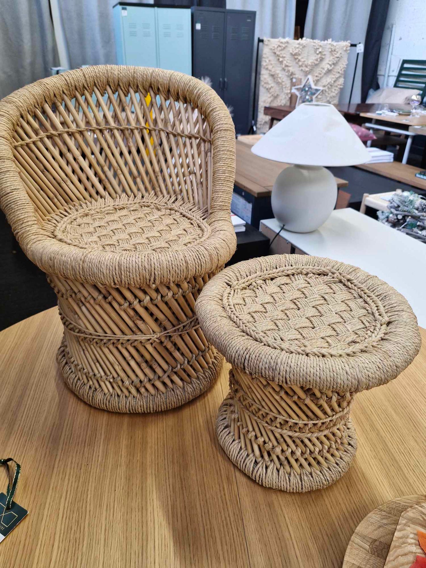 Children's Kids Natural Bamboo Rattan Chair And Stool