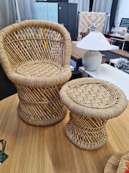 Children's Kids Natural Bamboo Rattan Chair And Stool