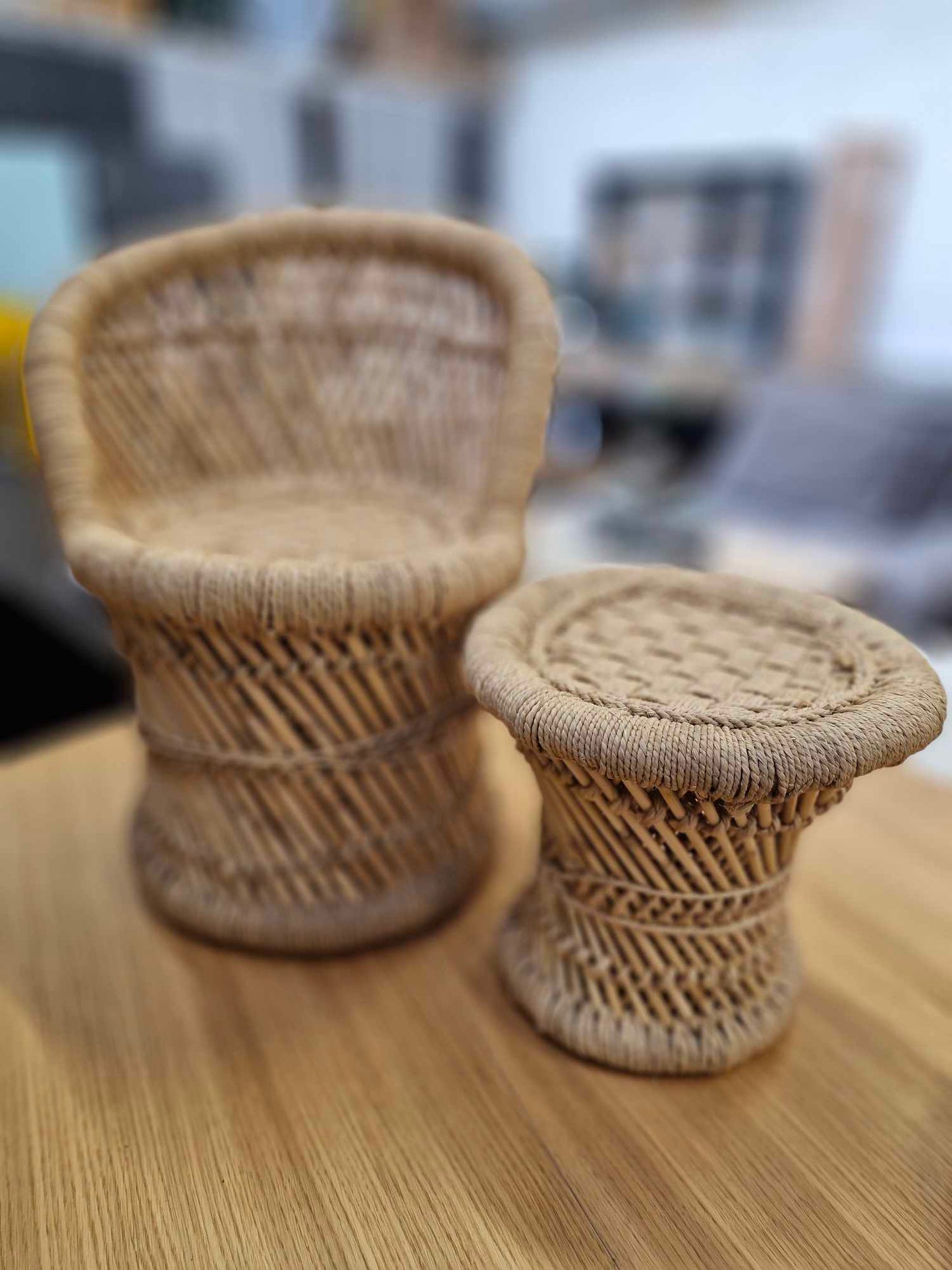 Children's Kids Natural Bamboo Rattan Chair And Stool