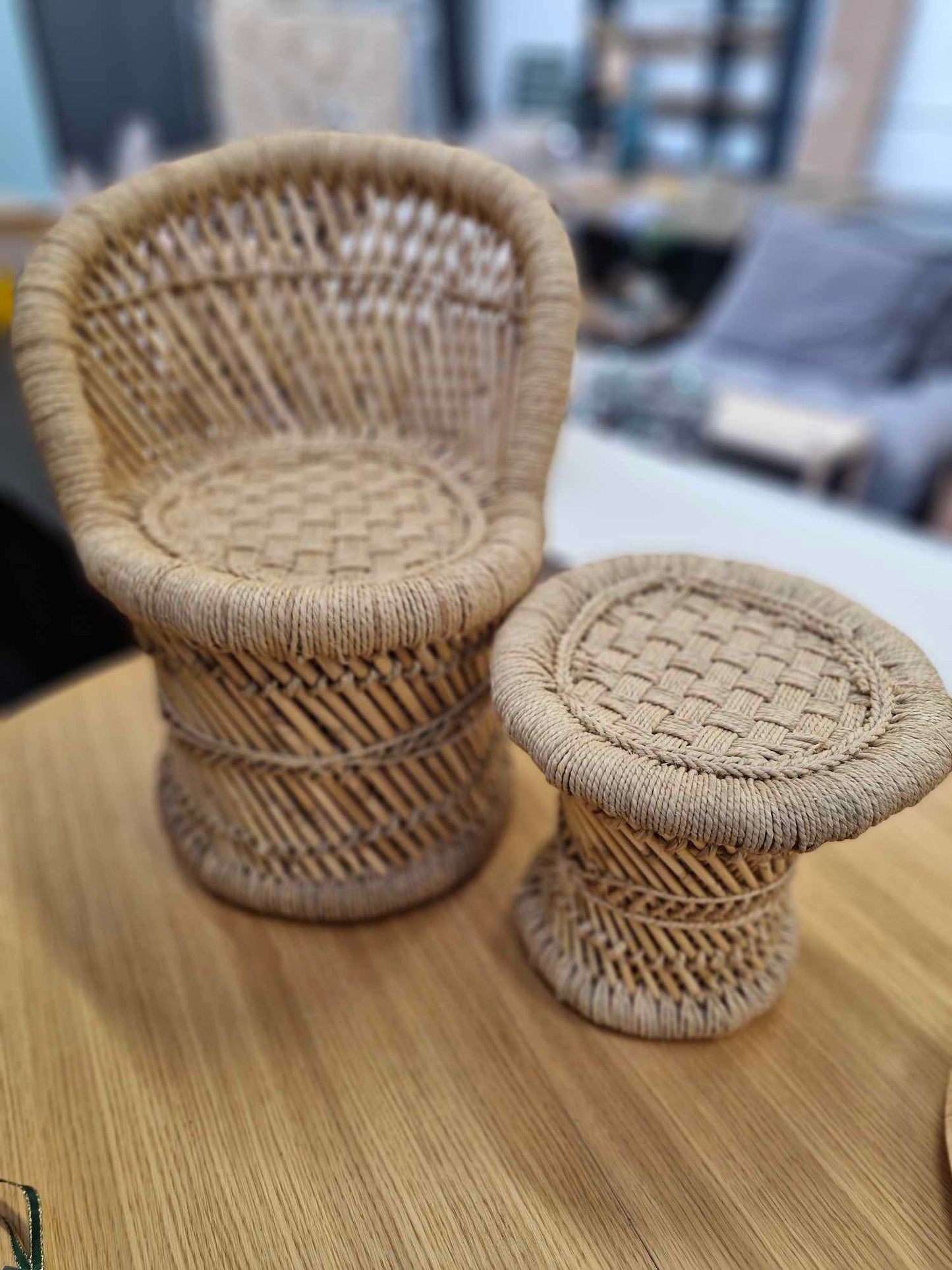 Children's Kids Natural Bamboo Rattan Chair And Stool