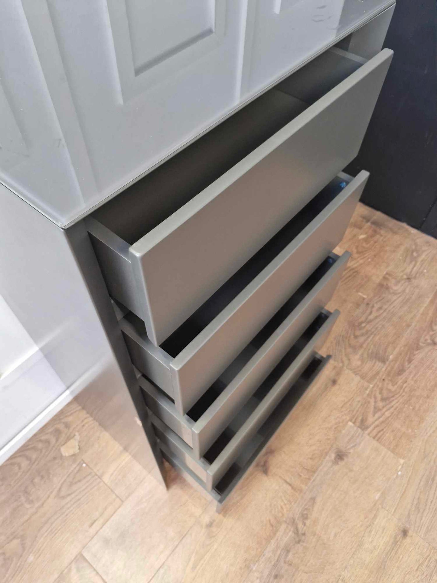 5 Drawer Tall Chest Tallboy Cabinet Storage Matt Dark Grey and Glass
