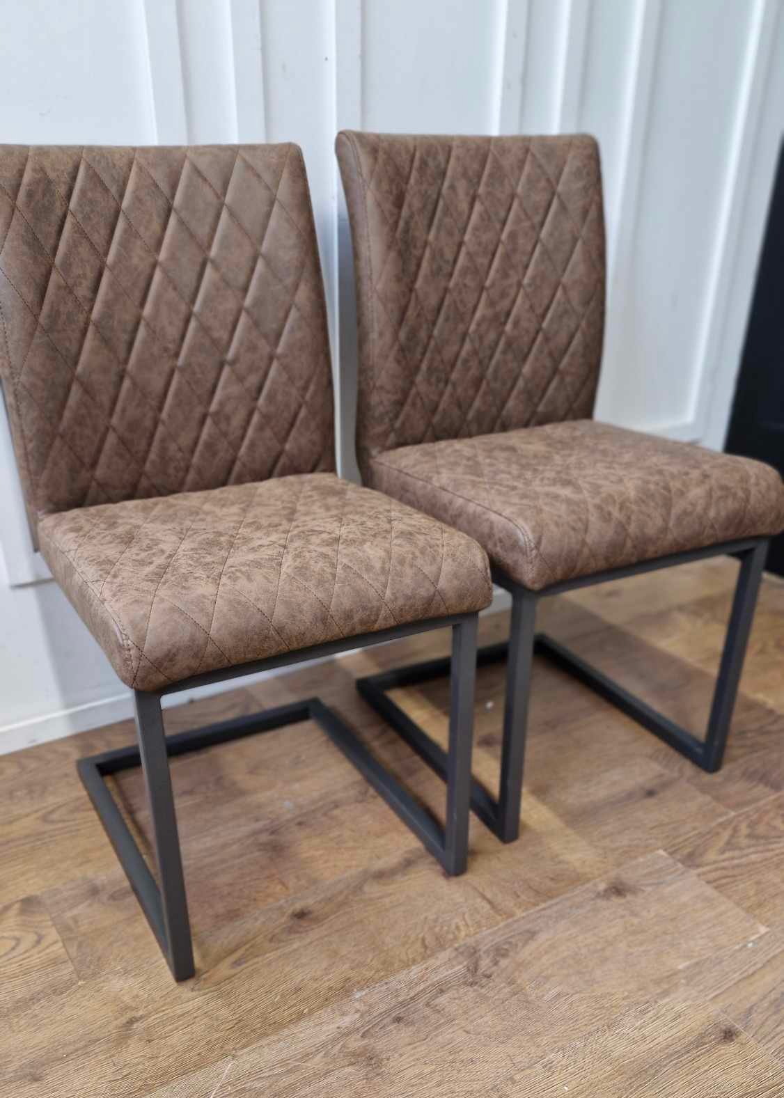 Set of 2 Dining Chairs / Industrial Style Brown Faux Leather and Black Metal