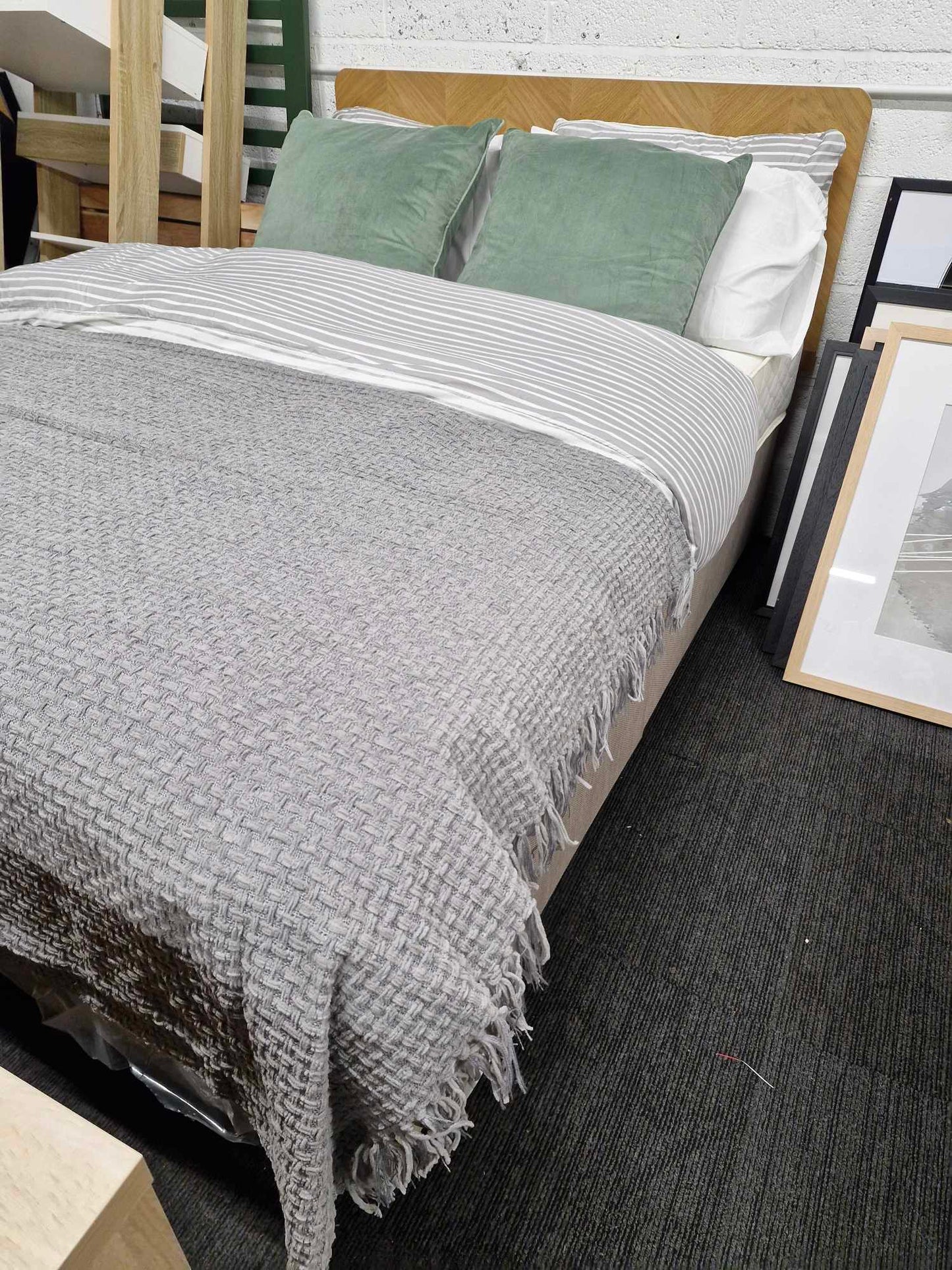 Double Divan Bed, Mattress and Oak Effect Herringbone Heaboard