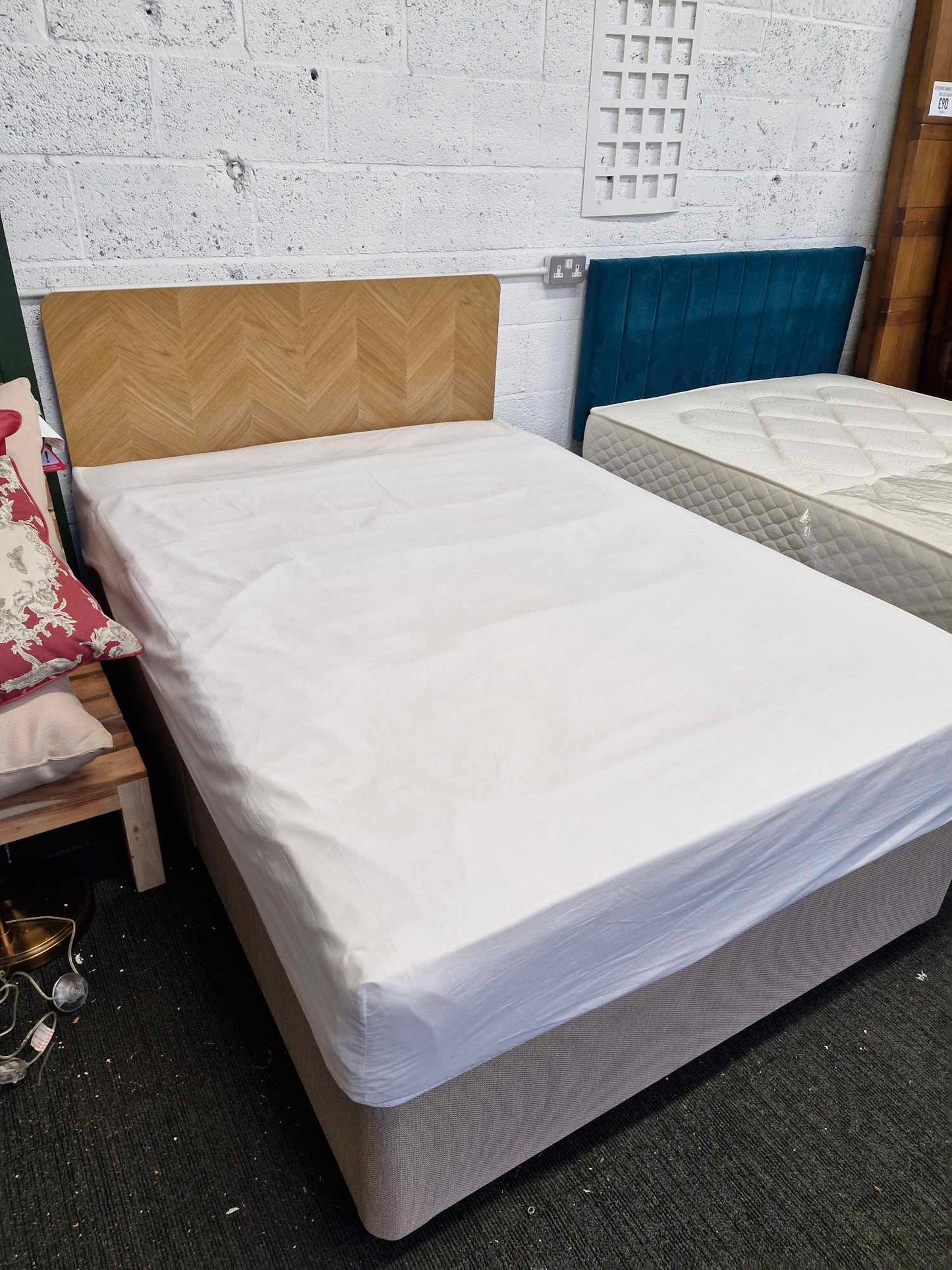 Double Divan Bed, Mattress and Oak Effect Herringbone Heaboard