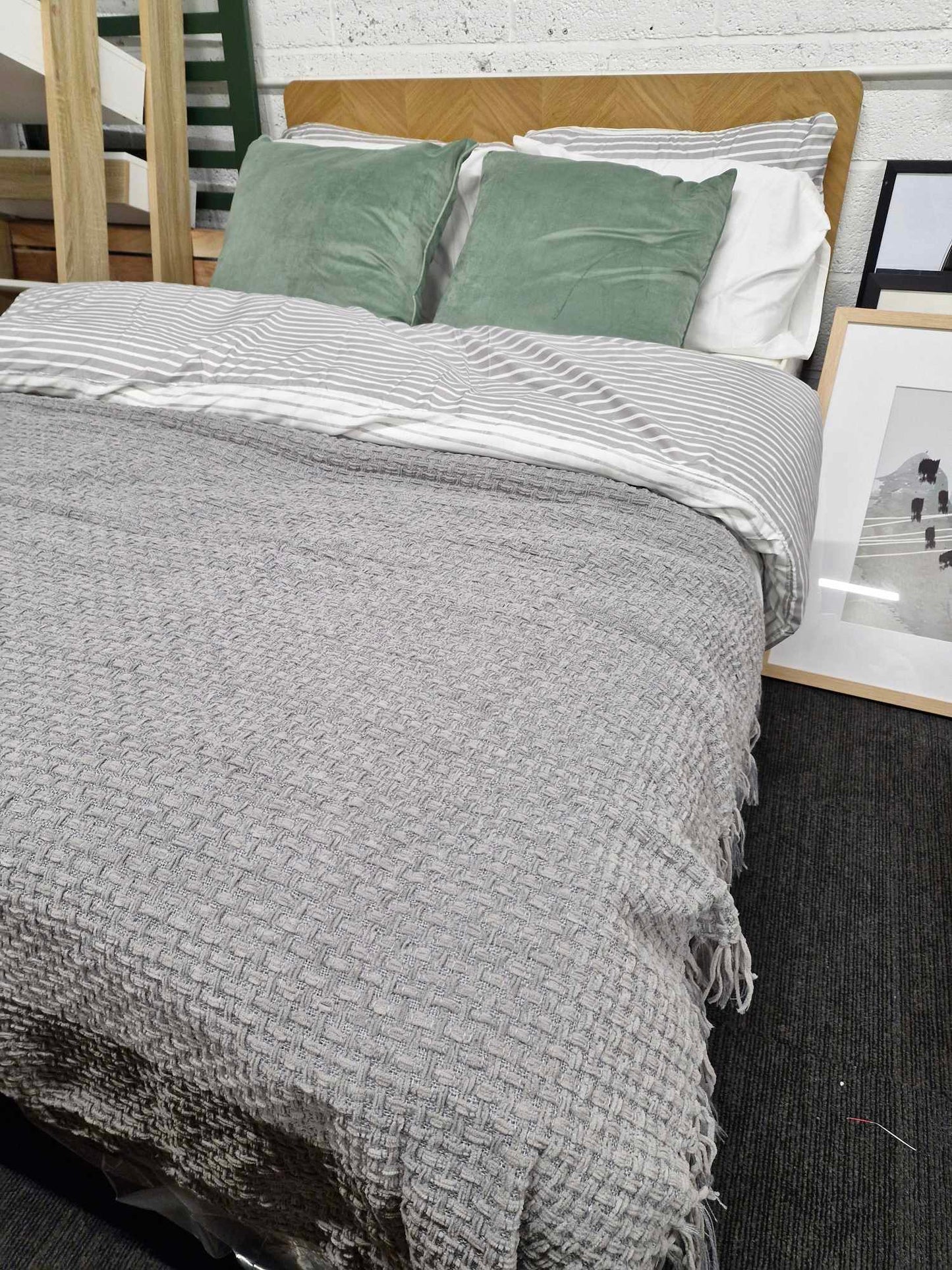 Double Divan Bed, Mattress and Oak Effect Herringbone Heaboard