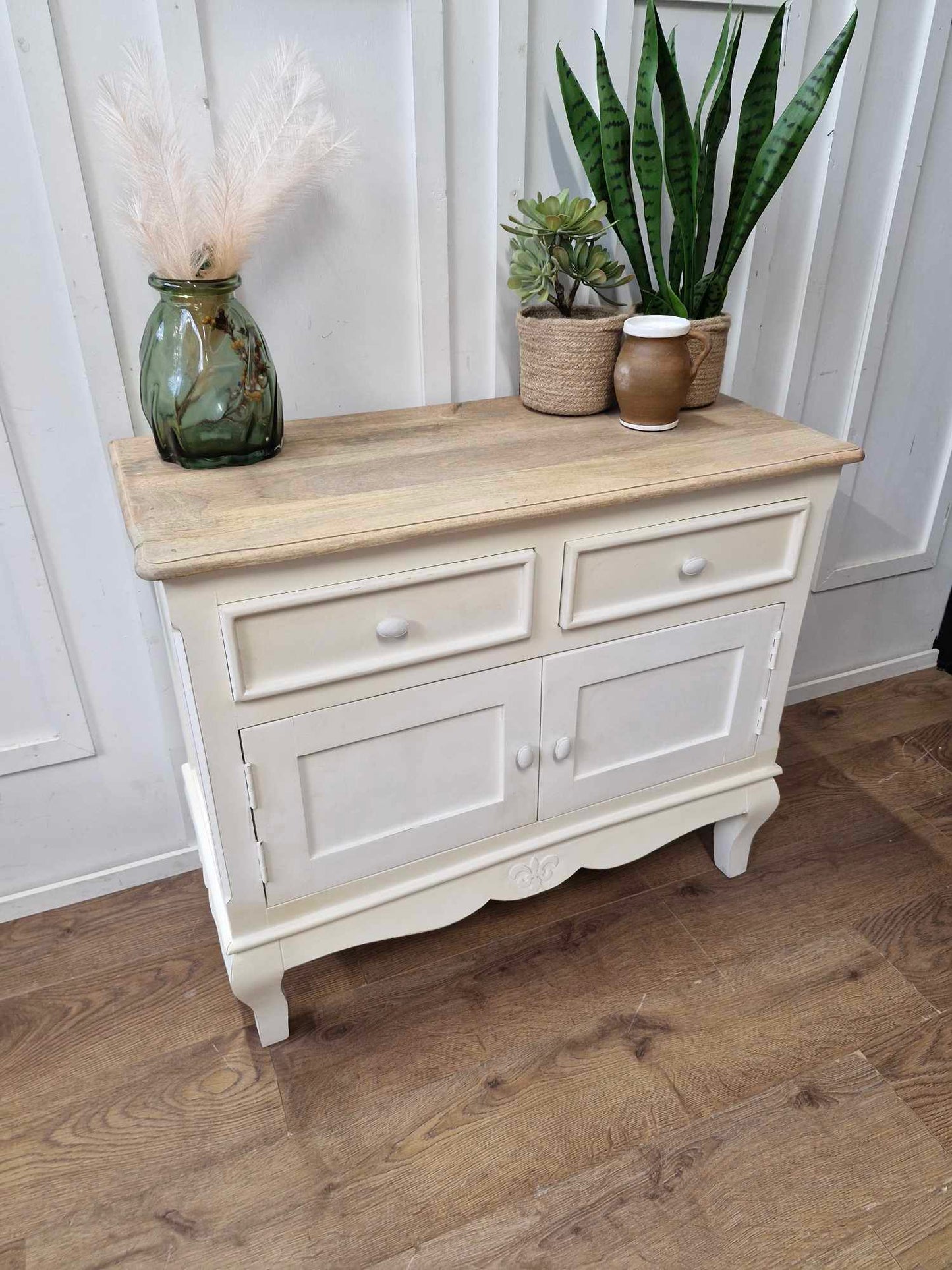 Solid wood White and Wood Cabinet / Urban Deco Fleur Distressed Painted French Style