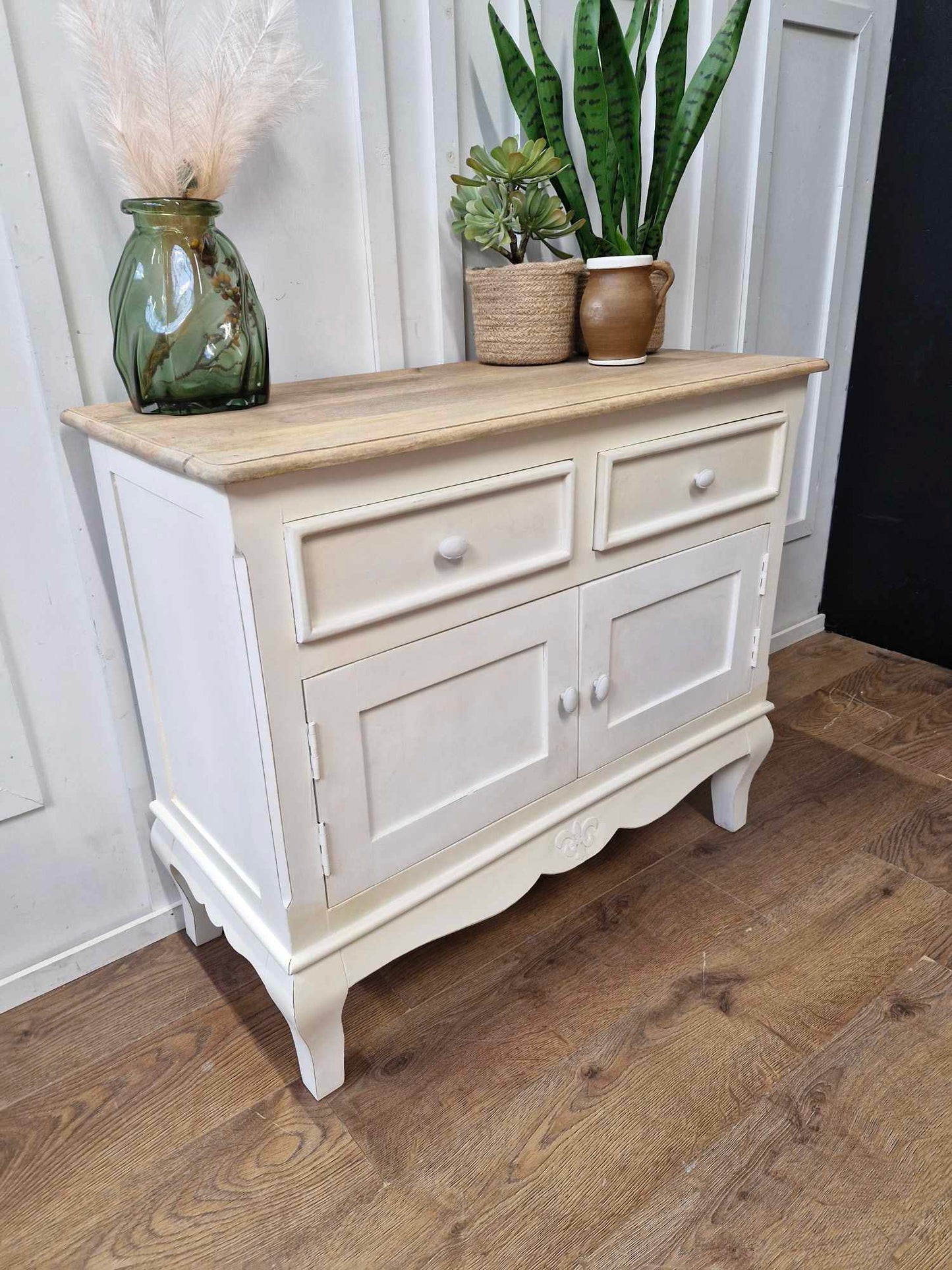 Solid wood White and Wood Cabinet / Urban Deco Fleur Distressed Painted French Style