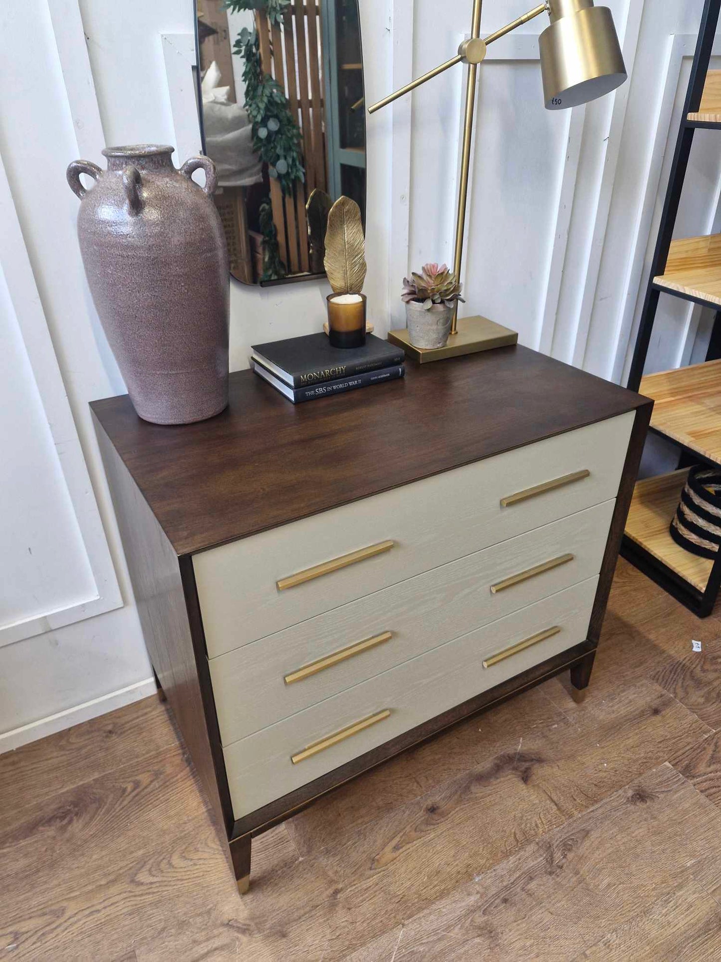 Dark Wood and Light Grey Chest of 3 Drawers