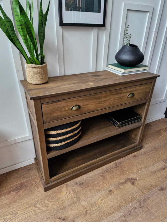 Solid Wood Low Bookcase with Drawer / Display Unit Dark Wood