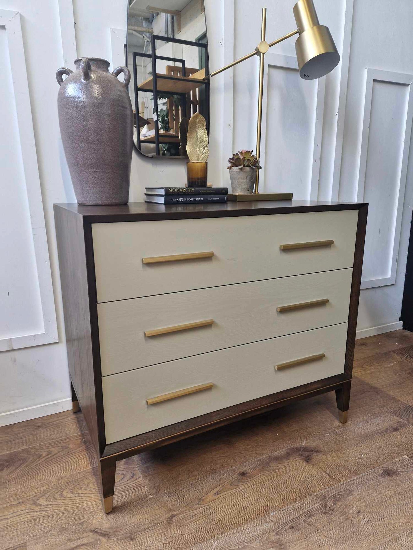 Dark Wood and Light Grey Chest of 3 Drawers