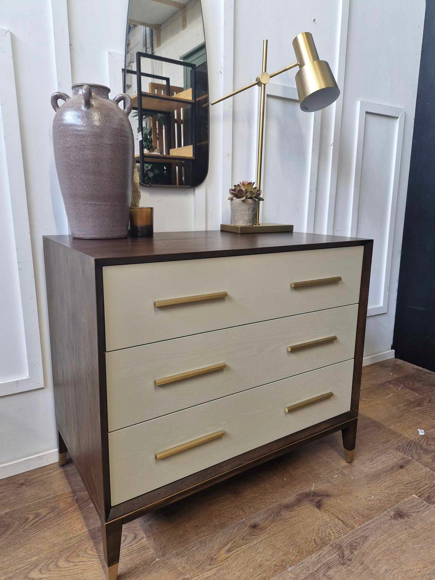 Dark Wood and Light Grey Chest of 3 Drawers