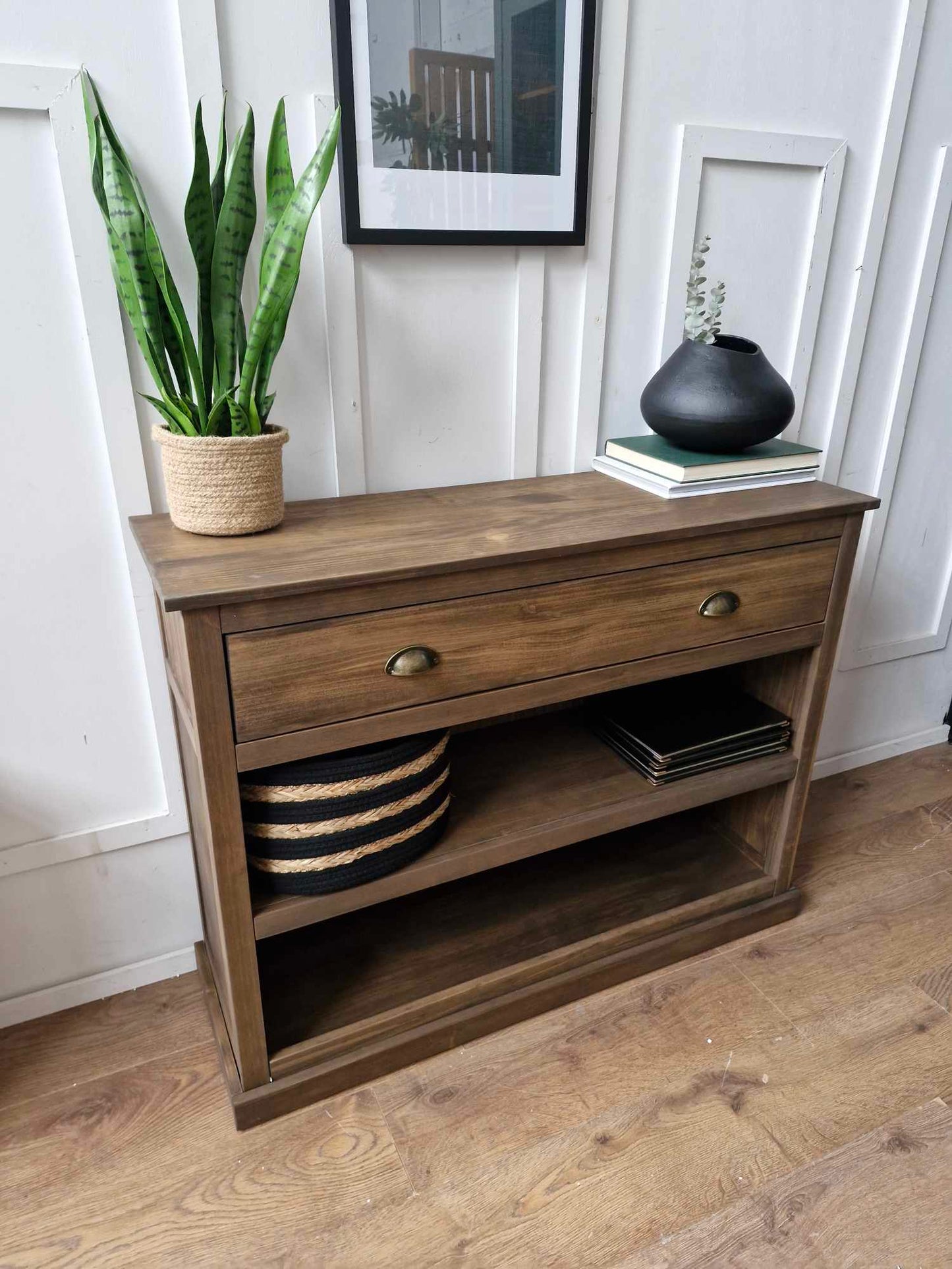 Solid Wood Low Bookcase with Drawer / Display Unit Dark Wood