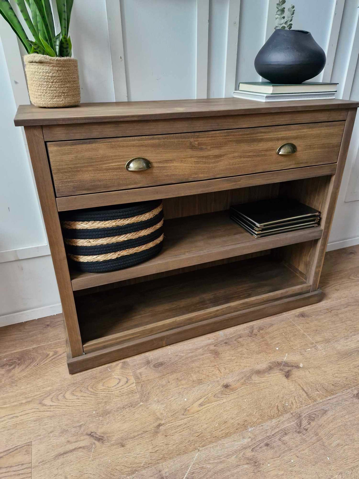 Solid Wood Low Bookcase with Drawer / Display Unit Dark Wood
