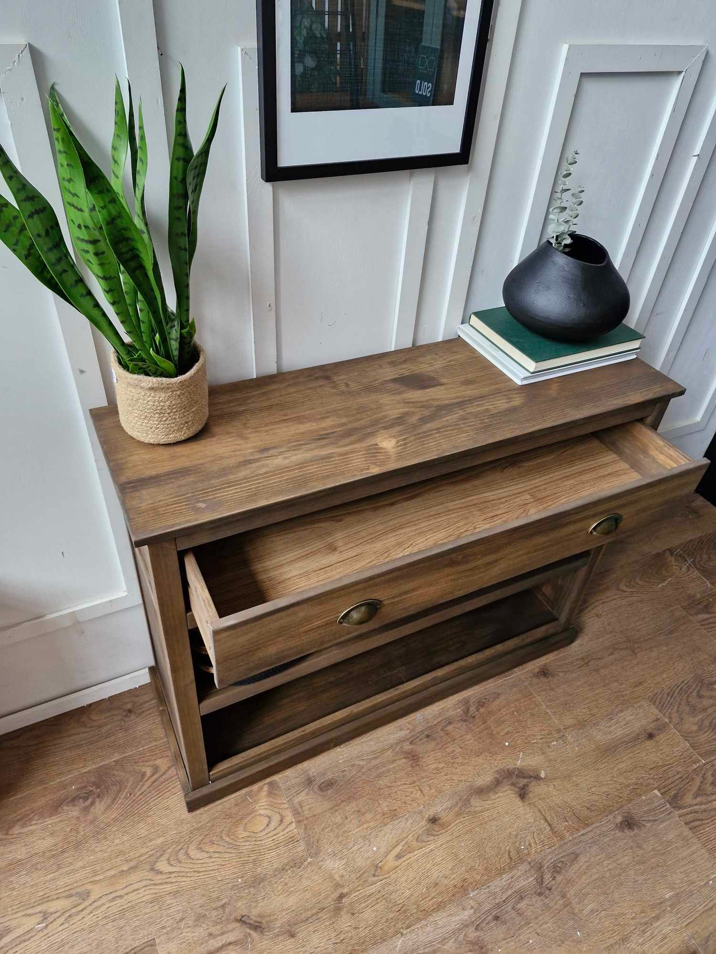 Solid Wood Low Bookcase with Drawer / Display Unit Dark Wood