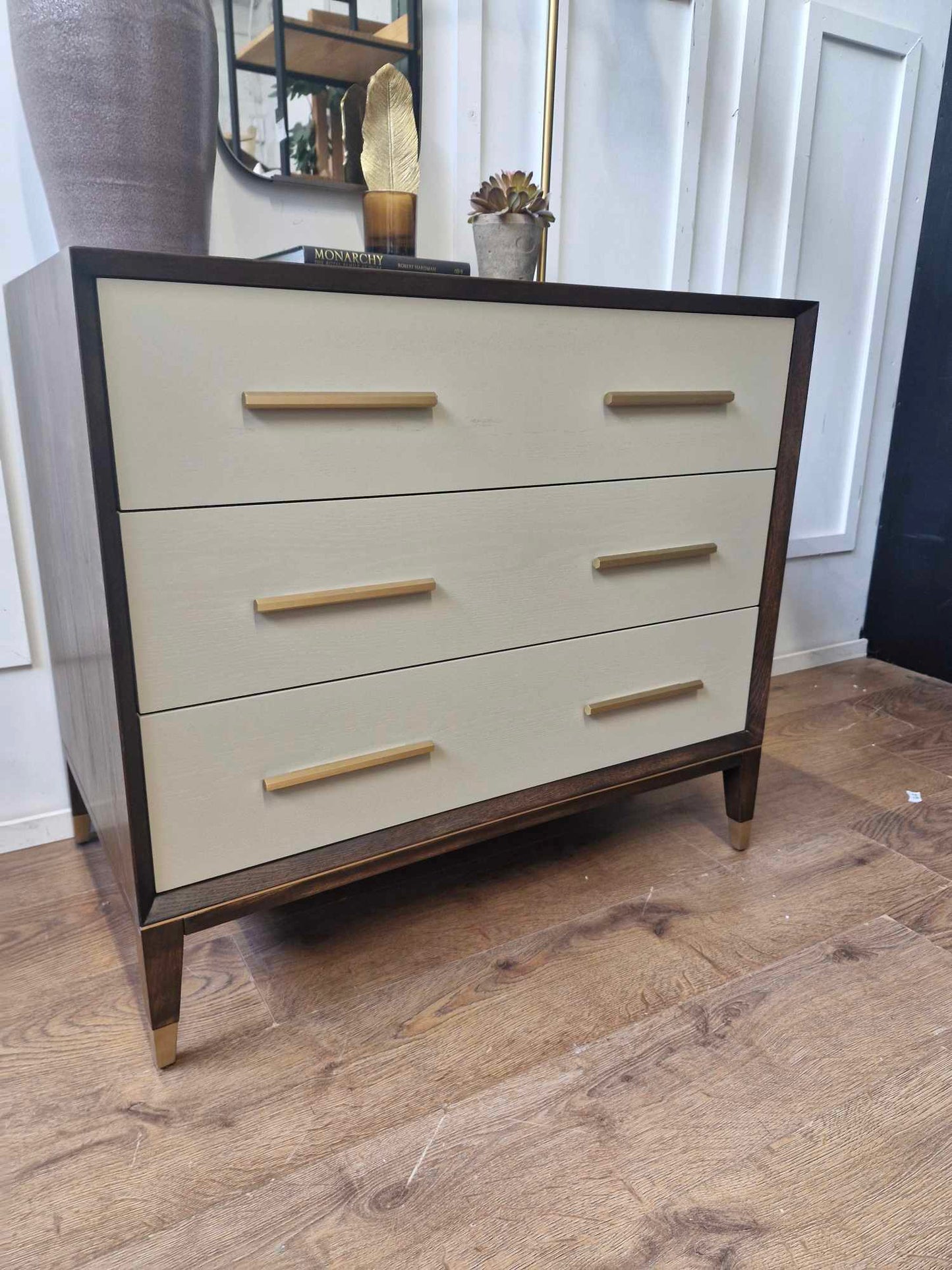Dark Wood and Light Grey Chest of 3 Drawers