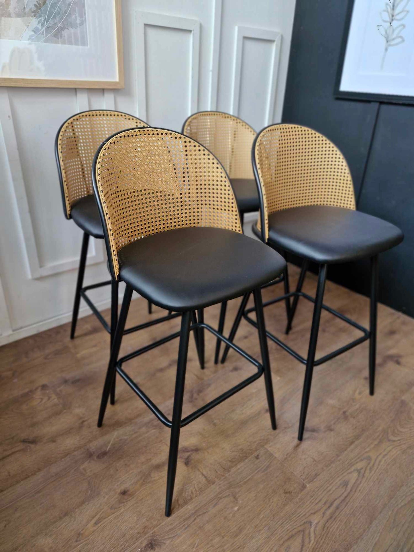 Set of 4 Barstools- Black and Rattan