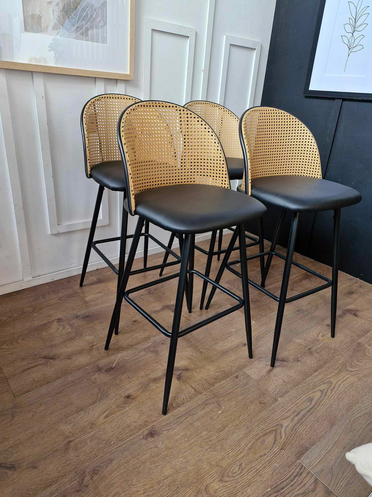 Set of 4 Barstools- Black and Rattan