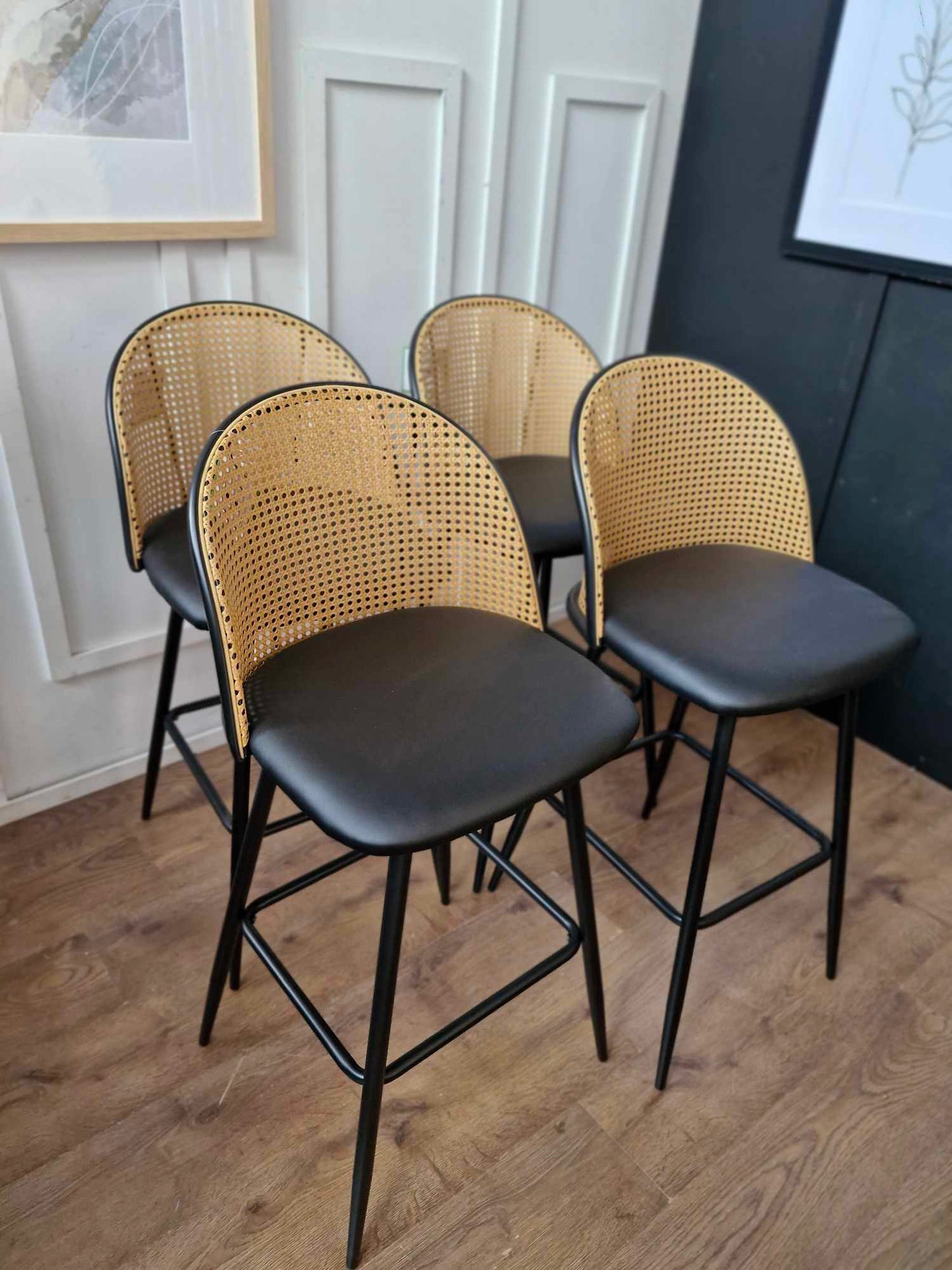 Set of 4 Barstools- Black and Rattan