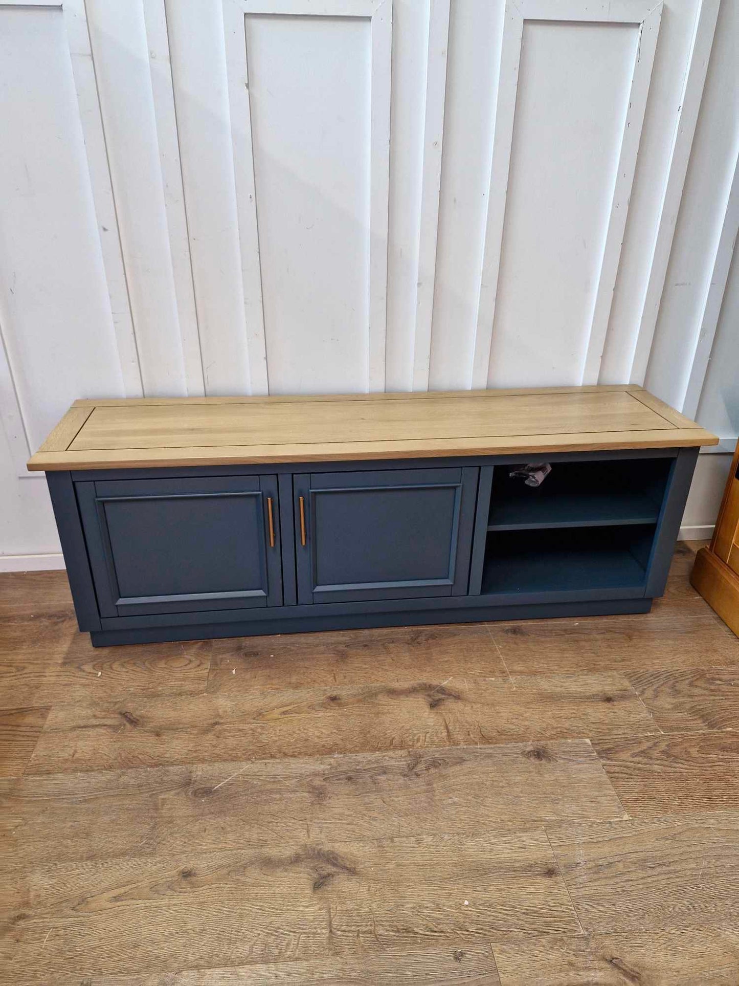 Solid Oak TV Stand / Smoked Oak and Ink Blue / Oak FurnitureLand Richmond